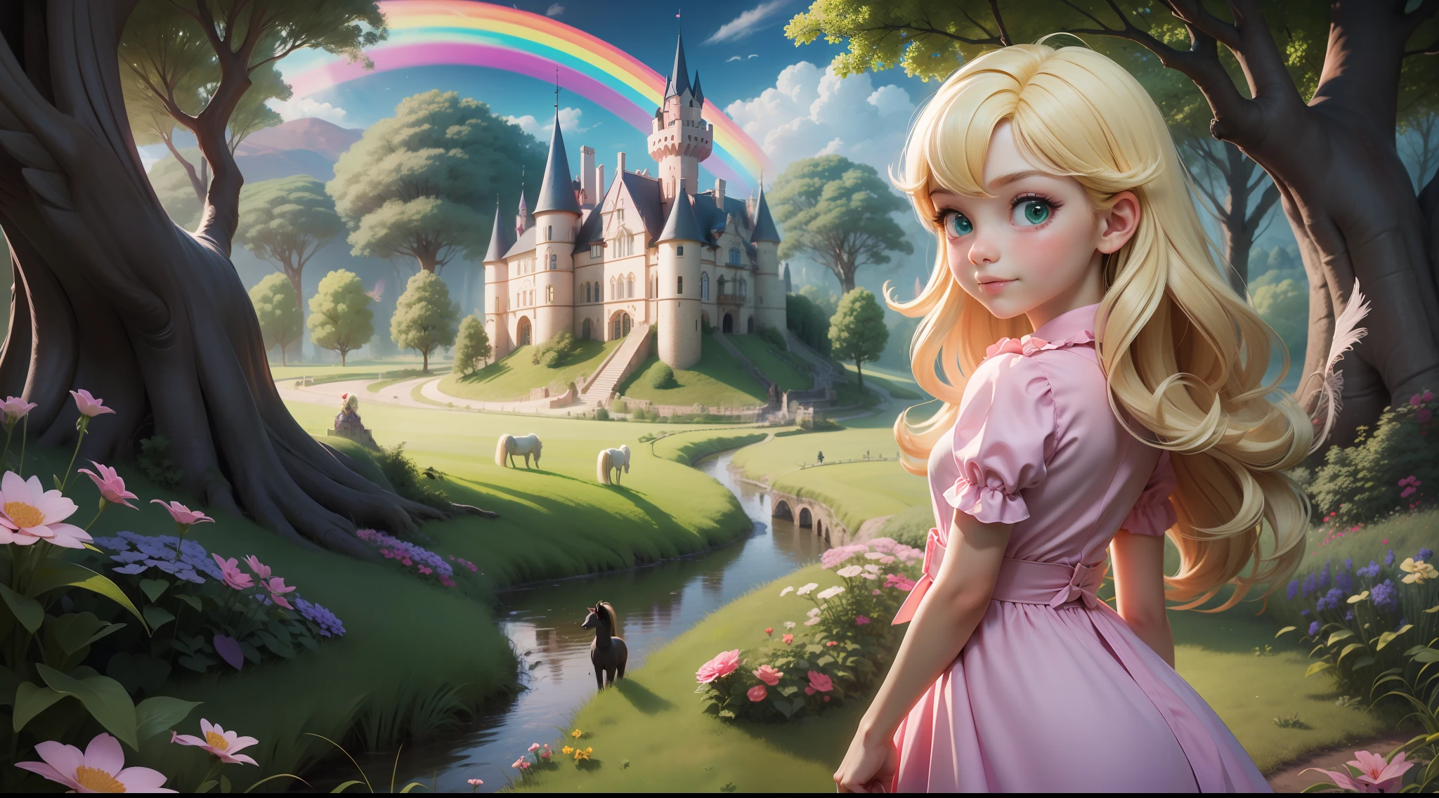 "A little ***************, blonde and green-eyed, in a simple pink dress, with her back to the viewer, looking at a fantastic world, verdant fields, dark woods, winged ponies, rainbows, castle in the background."