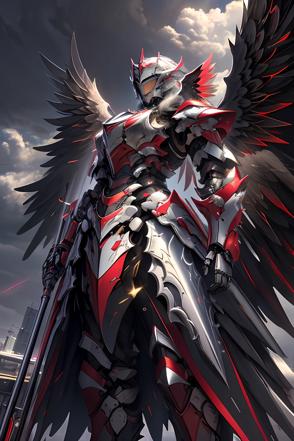 Masterpiece, highly detailed CG unified 8K wallpapers, 8K UHD, DSLR, High quality, propre, ((A black angel in mechanical armor with wings, Aura divine, flottant dans les airs, Descendant du ciel)), pluvieux, Nuit noire, lightening, dramatic scene, lighting cinematic, ultra-high-resolution, Ultra-high detailed, high-definition,