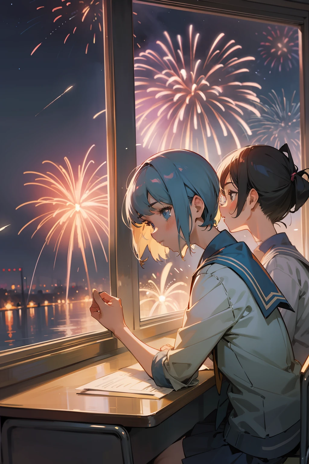 superfine illustration, Best Quality, examinee, School Classroom, Fantastic fireworks, Outside the window, nigh sky, Blooming fireworks, nostalgic, Fantastic atmosphere