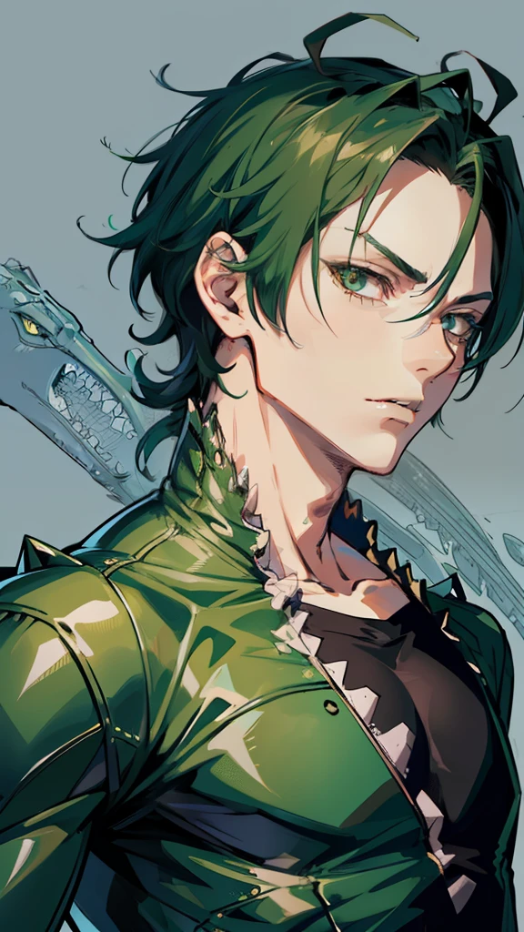 Generate an upper body portrait of an anime-style character that combines the features of a man and an alligator. The character has green crocodile-like scales scattered across his skin, face, and body parts. Despite the crocodile's characteristics, make sure its humanoid aspects remain prominent. The character's design should reflect the distinctive characteristics of a crocodile, but maintain a balance with its human side. Add a large amount of green crocodile scales. He wears a black t-shirt.
