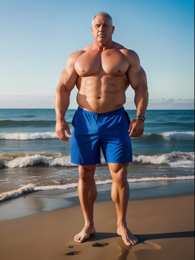 A full body of a man standing on a beach near the ocean, robust stocky body, beefy, wrinkles and muscles, muscular bernie sanders, hot daddy, inspired by Alexander Fedosav, dad bod, running , action shot, inspired by Martin Schoeller, super realistic photo, he is about 60 years old, he is about 6 0 years old, mr universe, painterly style, central composition, big nose, big hands, light brown hair, insanely handsome.