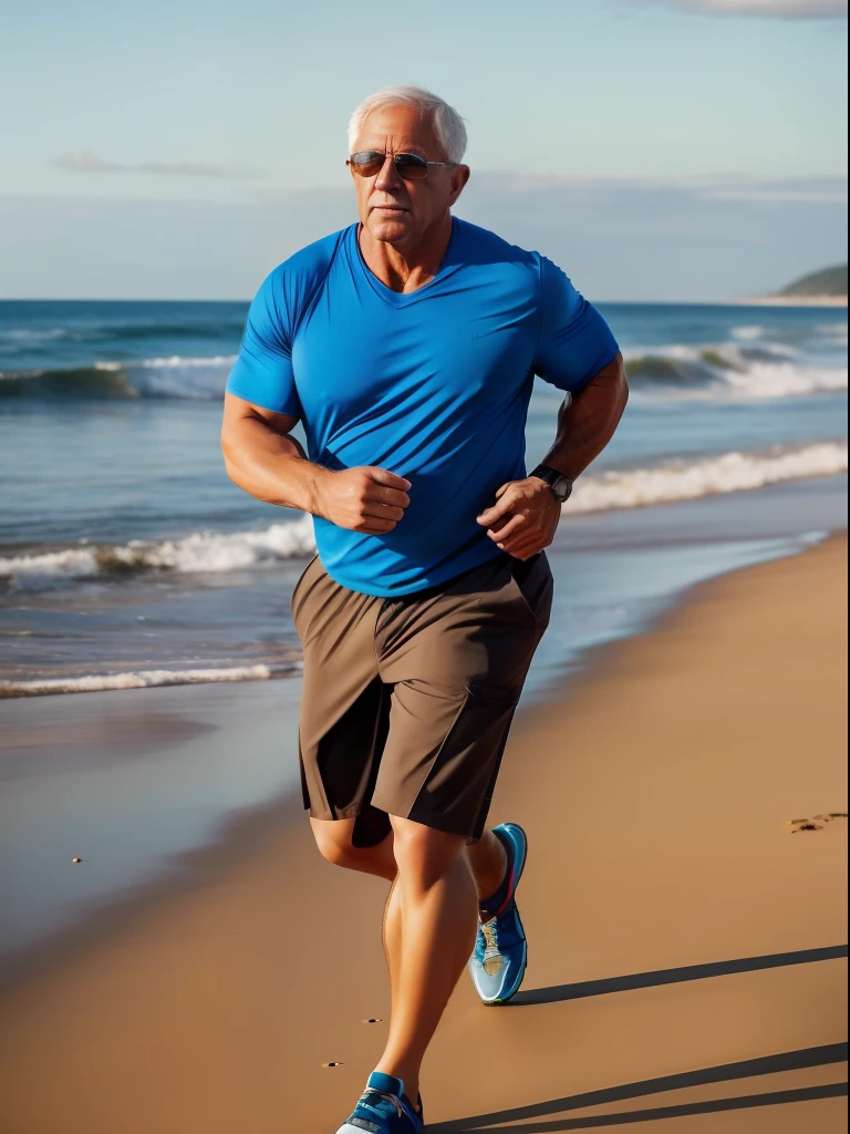 A full body of a man standing on a beach near the ocean, robust stocky body, beefy, wrinkles and muscles, muscular bernie sanders, hot daddy, inspired by Alexander Fedosav, dad bod, running , action shot, inspired by Martin Schoeller, super realistic photo, he is about 60 years old, he is about 6 0 years old, mr universe, painterly style, central composition, big nose, big hands, light brown hair, insanely handsome.