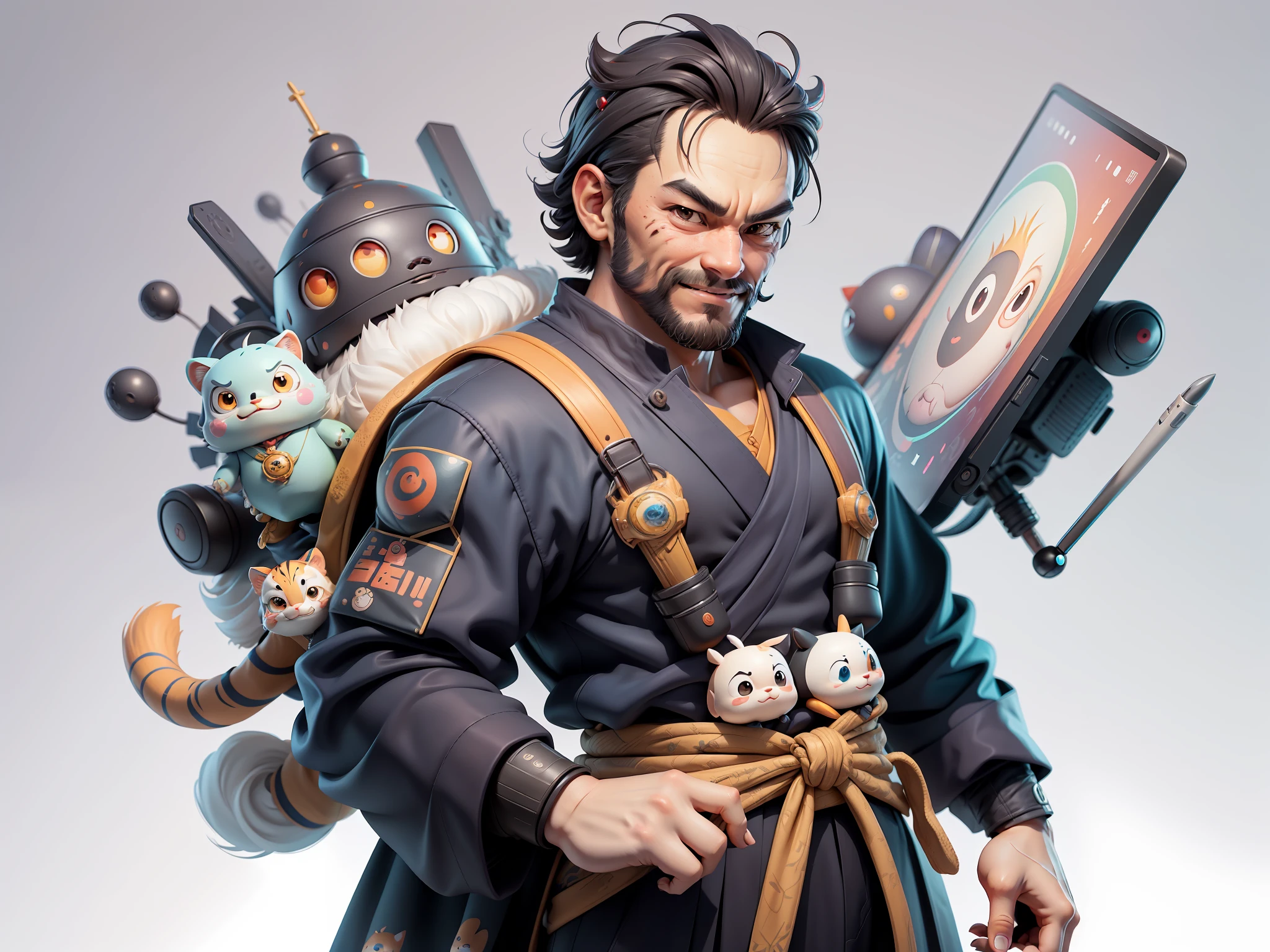 (Daisaku),(Need),(Super meticulous),(full bodyesbian:1.2),Super young man with Japanese geisha,Beautiful,orient,one tiger,Aeolian Thor,Raised sexy,爆乳,Oriental face,TV Anchor,Bust portrait illustration,In black suit,a blue tie,The face is slightly chubby,The face was clean,without a beard,Black super short hair,Black eyes,Smile confidently,3C computer sub-products,iPad, iphone,Digital painting,3D character design by Mark Clairen and Pixar and Hayao Miyazaki and Akira Toriyama,The illustration is a high-definition illustration in 4K resolution,With very detailed facial features and cartoon-style visuals。