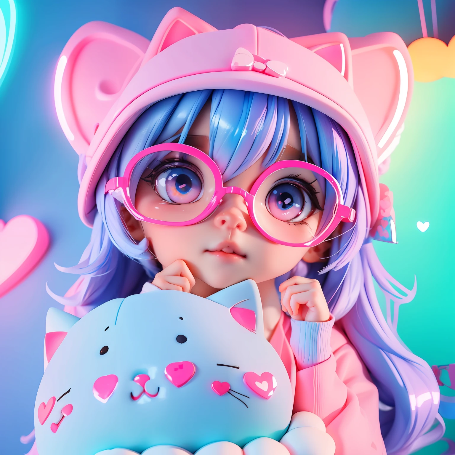 cute girl , fluffy bright eyes , eating a heart cookie , pastel pink and blue colors , hearts in neon lights , candy details , cute kitten with big shiny eyes , cute heart glasses , very cute picture, style anime ,cute face girl, Korean  girl.