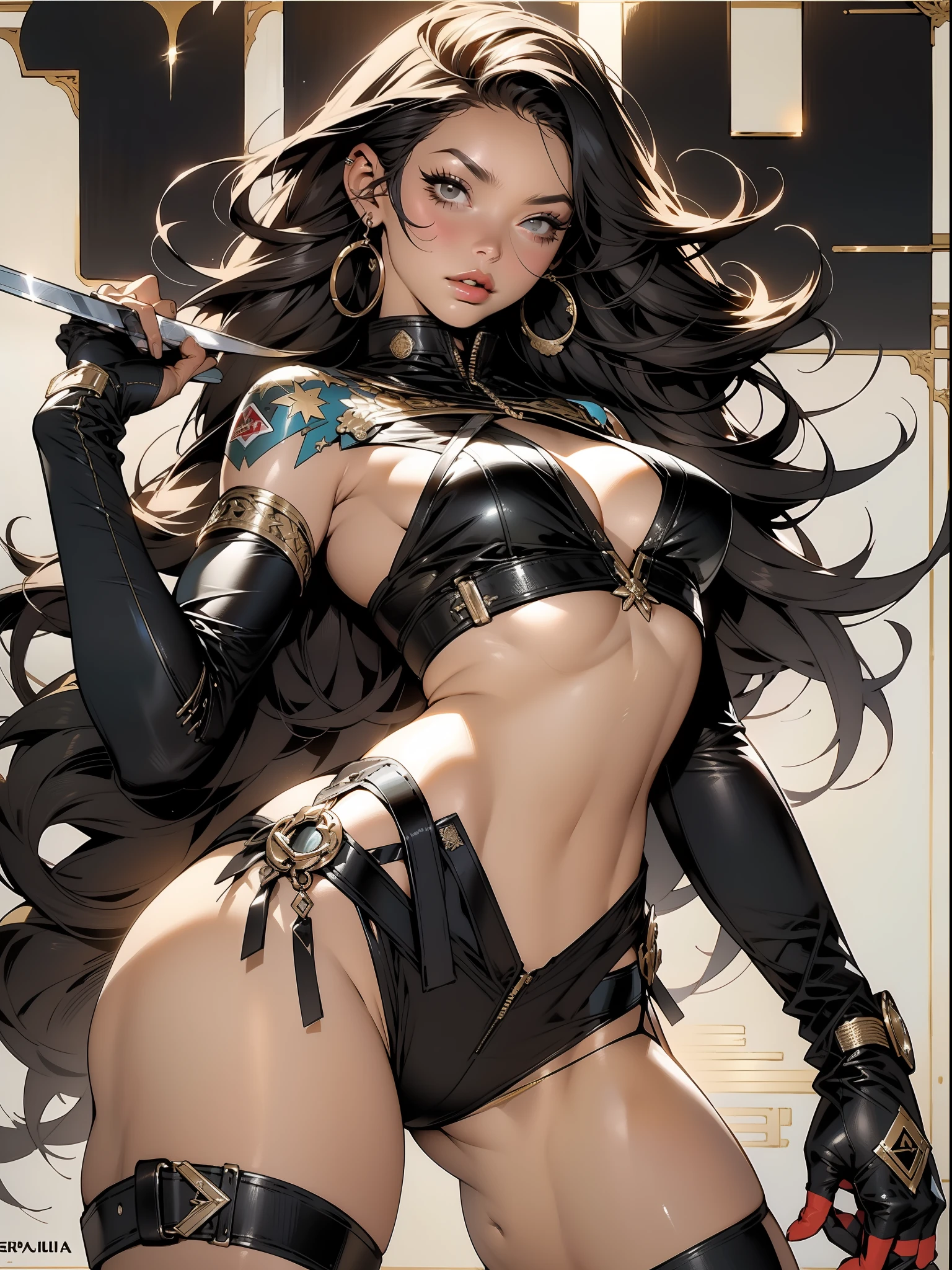 (((mulher))), (((melhor qualidade))), (((obra prima))), (((adulta))), Uma guerreira mulher africana de 35 anos com corpo perfeito, Brooklyn Gladiators, hand with steel gloves and metal tips, (( under boobs )), (( Tiny thong )), pele escura quase nua no estilo selvagem urbano de Simon Bisley para a capa da revista 2000 A.D., cabelo loiro, Minimum clothing, armadura (roupa feita com a bandeira do 🇧🇷 ), cheio de pontas e rebites manchadas de tinta, tatuagem de estrelas de 5 pontas, (((corpo inteiro))), cabelo preto curto com franja branca cobrindo a testa