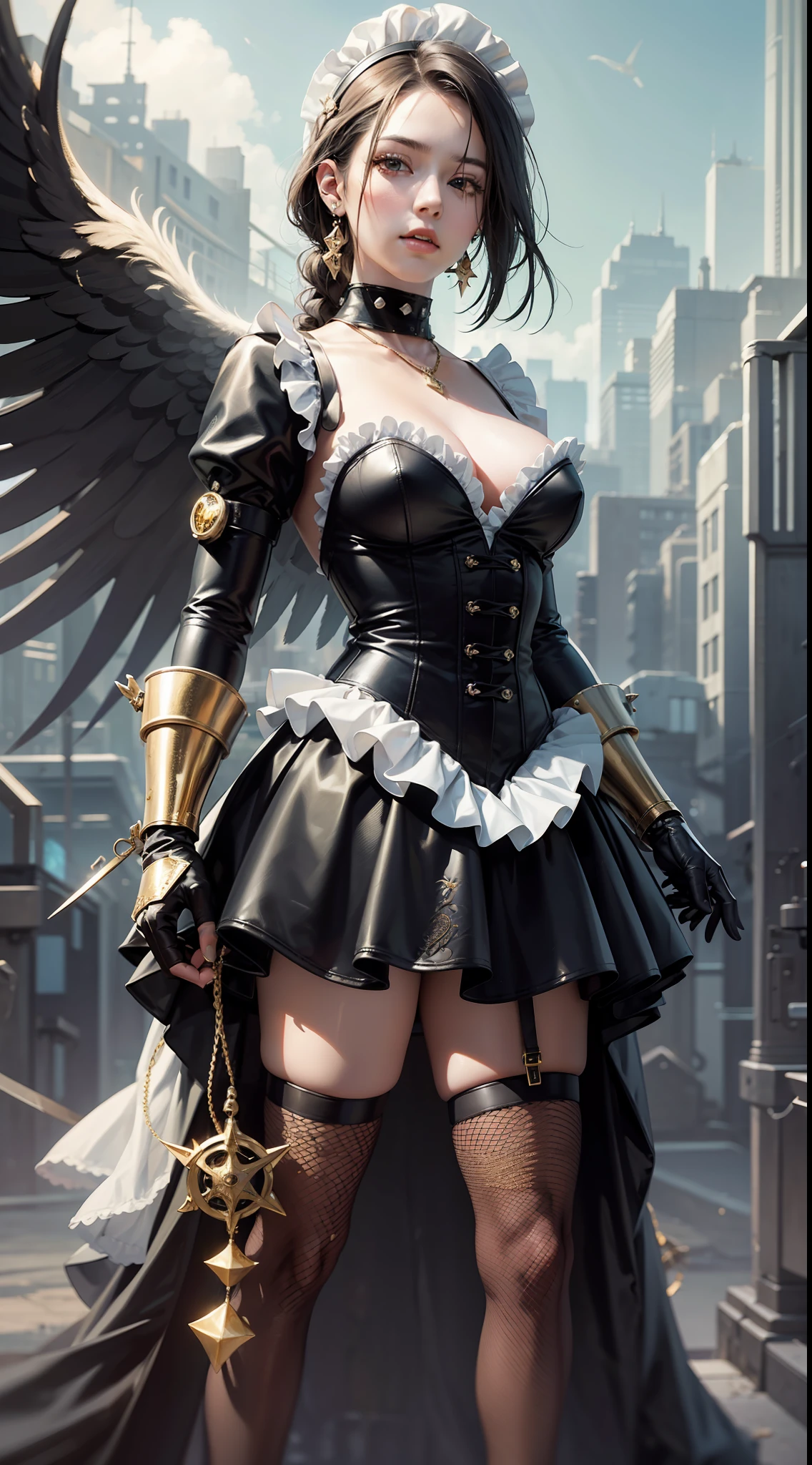 Claude Monet, Oil Painting, masutepiece, Cyberpunk style, Full body front view portrait, Slim woman, Leather version of the angel costume and a mechanical dress that combines a maid and net stockings, Lots of piercings, Mechanical High Heels, Gold Ruffles Lace Maid Apron, Beautiful hair, Mechanical collar spiked around her neck, With soft lighting that emphasizes her anger and pure eyes, Highlight details, With a pale face, In fog and fog, Dreamy haze. Images are photorealistic, Ultra high definition, Showcasing intricate details captured with manual focus