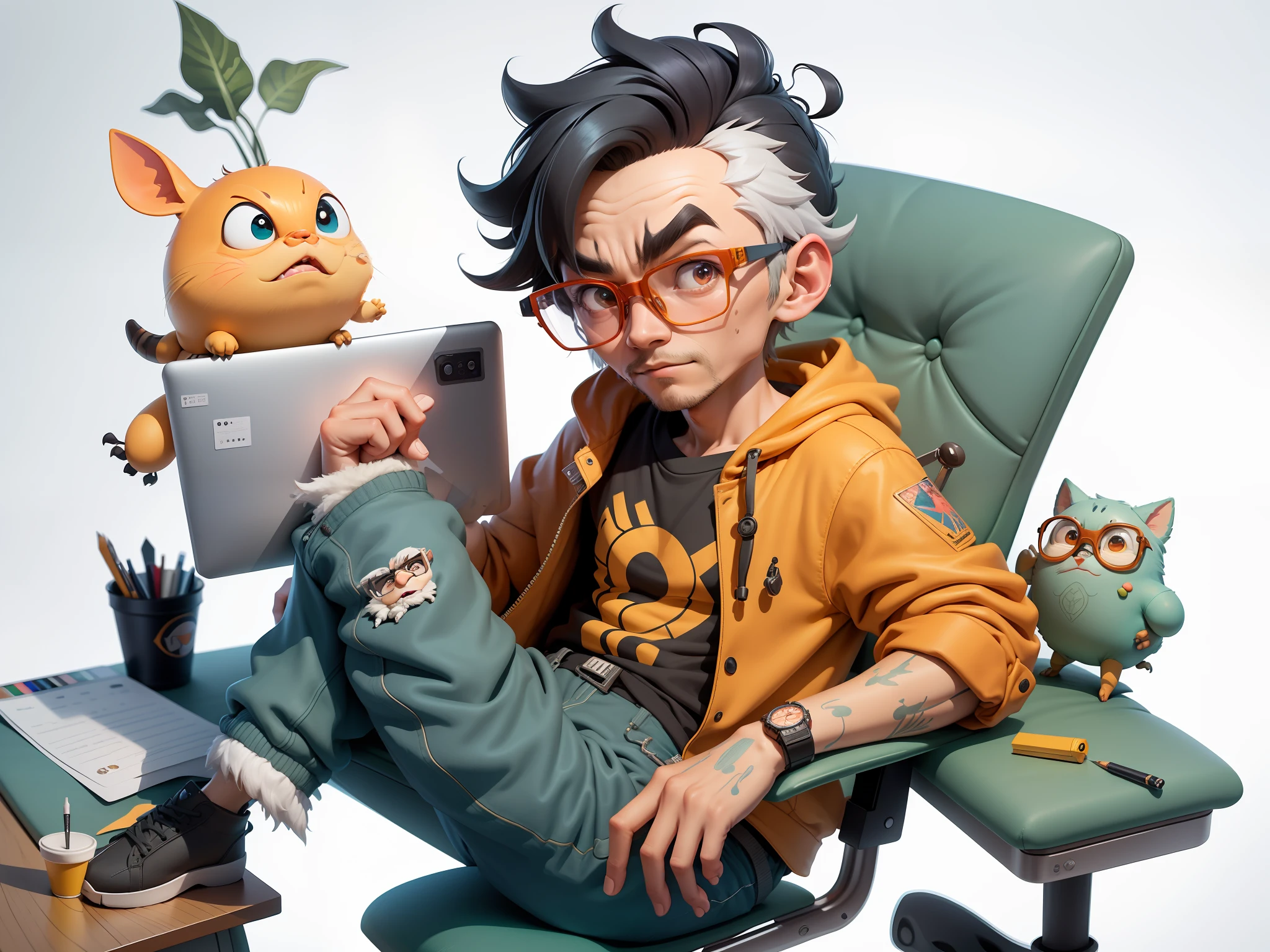 A young man with glasses sits at his desk,holding laptop,digitial painting,3D character design by Mark Clairen and Pixar and Hayao Miyazaki and Akira Toriyama,4K HD illustration,Very detailed facial features and cartoon-style visuals。