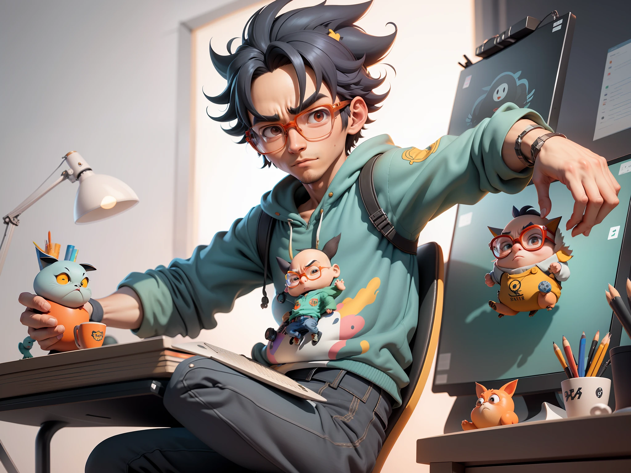 A young man with glasses sits at his desk,holding laptop,digitial painting,3D character design by Mark Clairen and Pixar and Hayao Miyazaki and Akira Toriyama,4K HD illustration,Very detailed facial features and cartoon-style visuals。