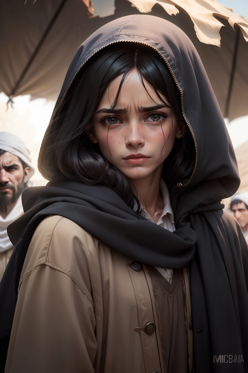 /imagem prompt (alta resolução, fotorrealista, melhor qualidade) A sad man of Bedouin origin, aparentando seus cinquenta anos, com suas vestes outrora nobre, torn and dirty and with their wives crying in their arms, A young lady with black hair and Bedouin origin, assim como ele