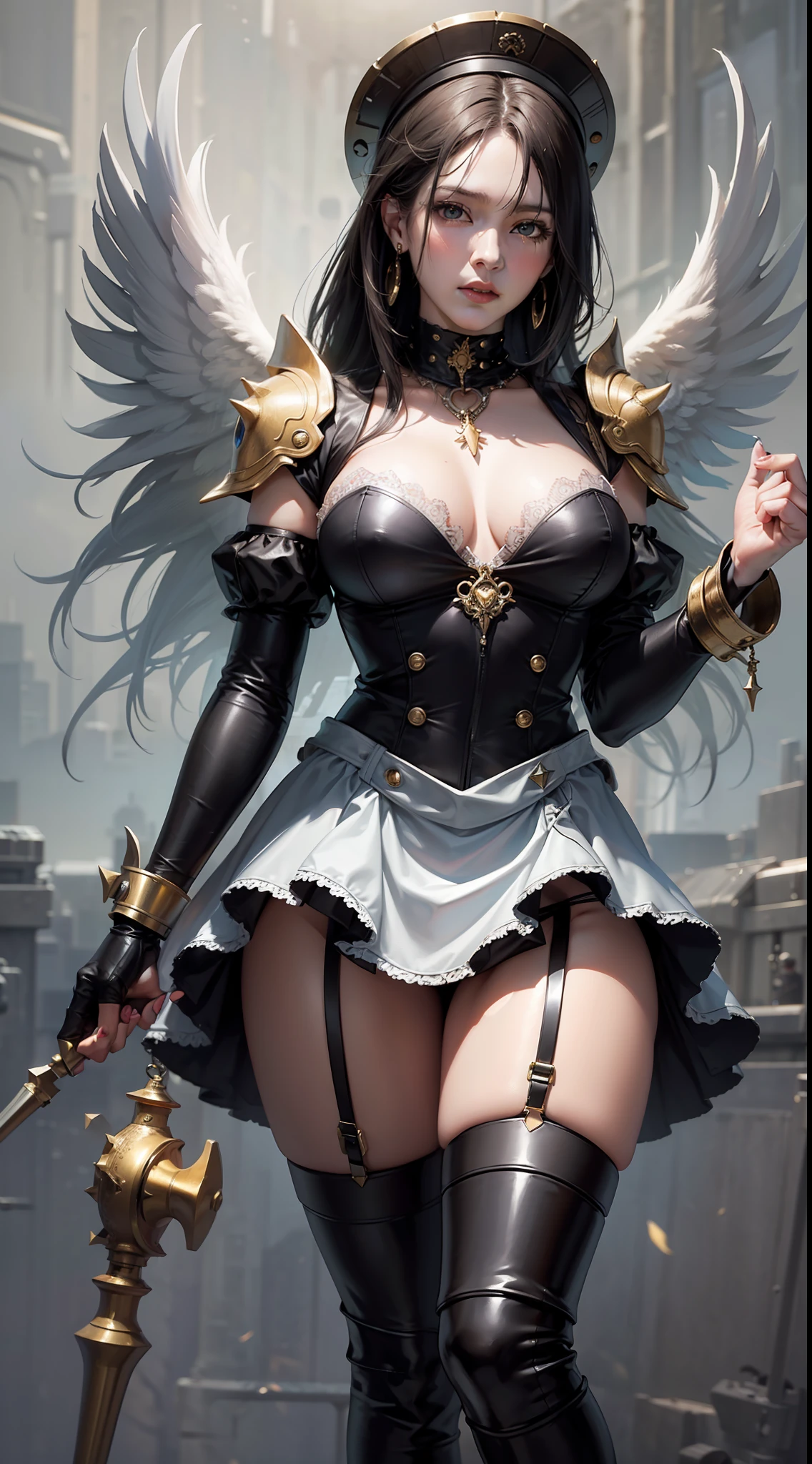 Claude Monet, Oil Painting, masutepiece, Cyberpunk style, Full body front view portrait, Slim woman, Leather version of the angel costume and a mechanical dress that combines a maid and net stockings, Lots of piercings, Mechanical High Heels, Gold Ruffles Lace Maid Apron, Beautiful hair, Mechanical collar spiked around her neck, With soft lighting that emphasizes her anger and pure eyes, Highlight details, With a pale face, In fog and fog, Dreamy haze. Images are photorealistic, Ultra high definition, Showcasing intricate details captured with manual focus