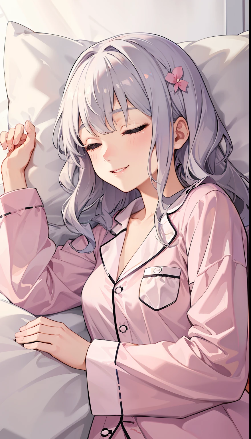 1girl in、A smile、A delightful! Cute Pajamas、dressing gown、blanche、(small tits)、Sleeping in large letters、Upper body portrait、