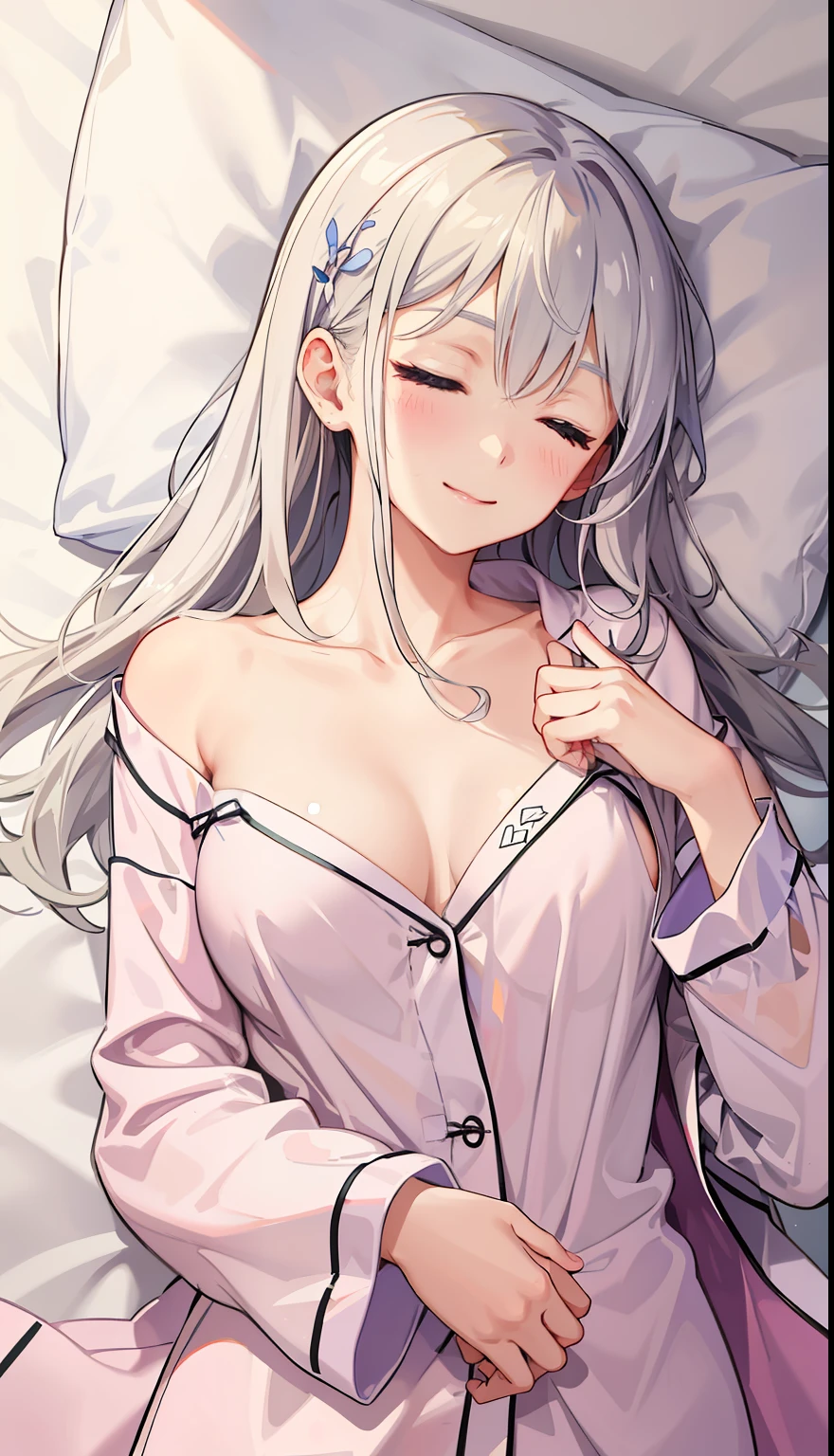 1girl in、A smile、A delightful!　Cute Pajamas、dressing gown、blanche、（small tits）、Sleeping in large letters、Upper body portrait、