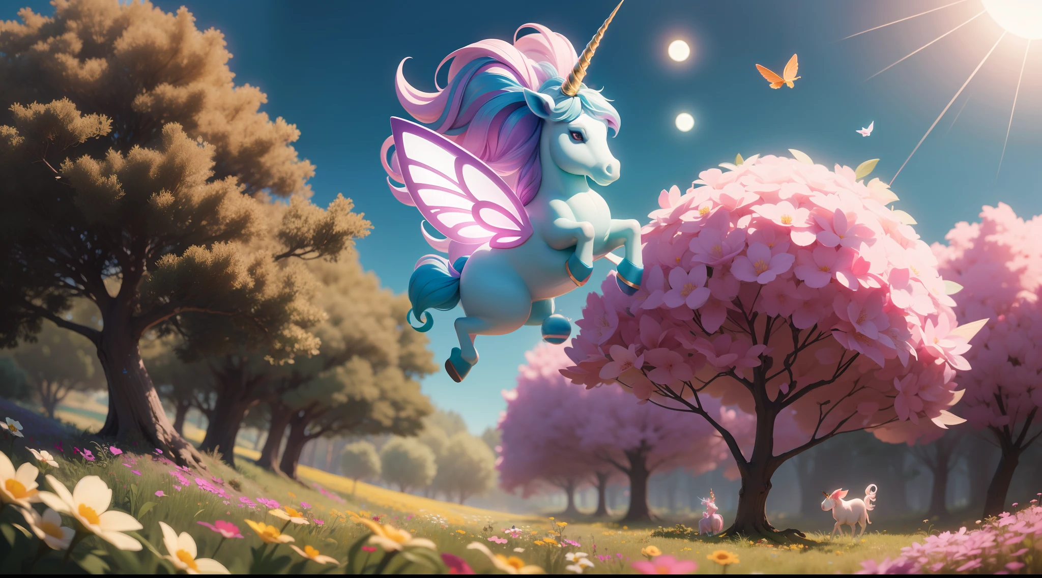 "Enchanted forest, small floating glowing spheres, many tiny fairies flying, unicorn in the background, flowering field in the background, bright sun."