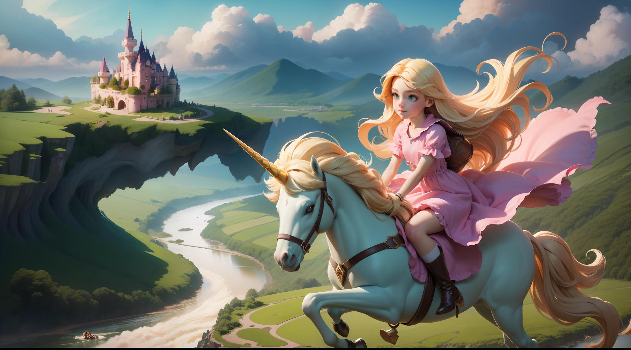 " human girl, 6 years  blonde hair, beautiful hair, green eyes, simple pink dress, RIDING ON A UNICORN, jumping from cloud to cloud, looking at the world below, verdant fields, luminous river, floating castle in the background."