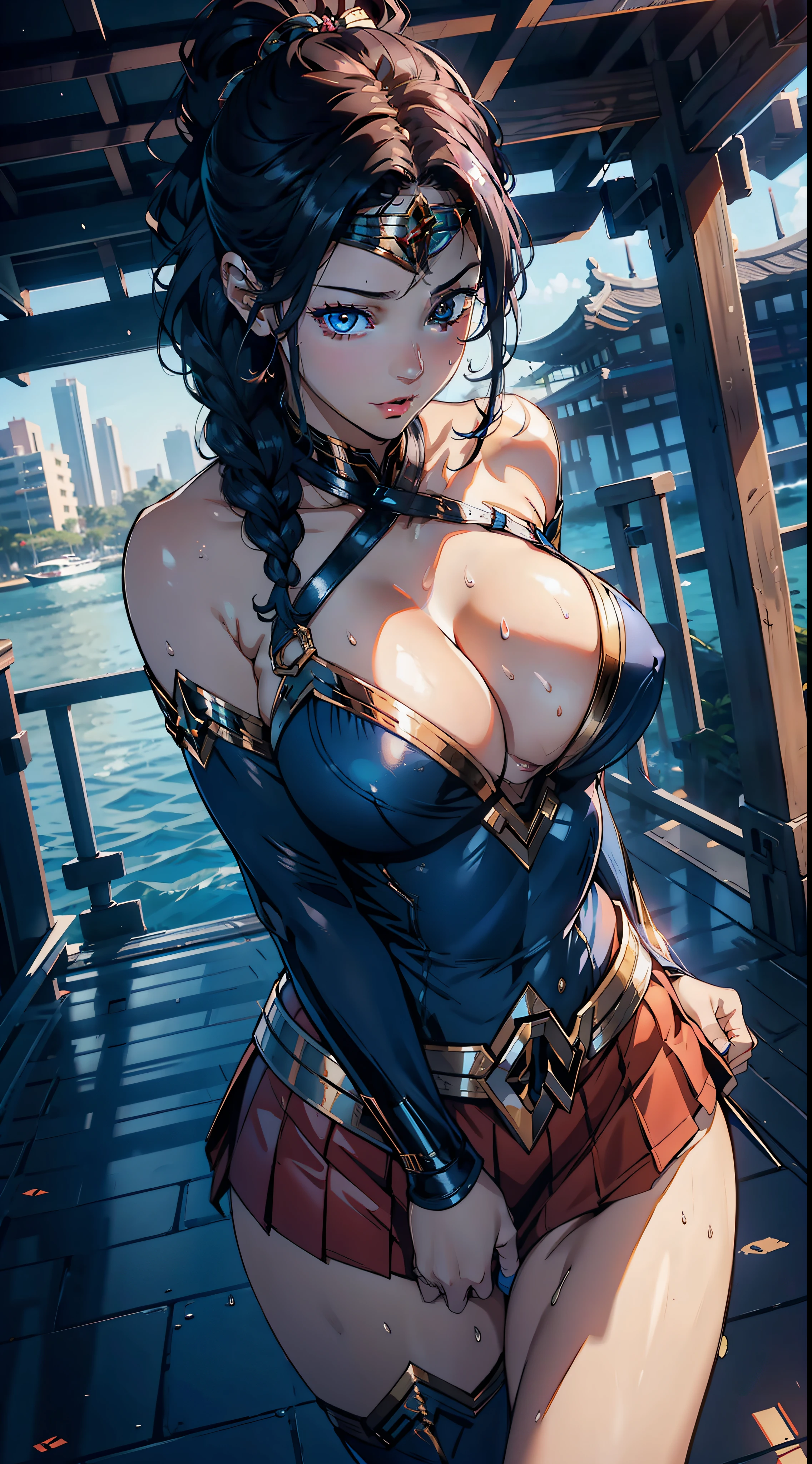 1female，aged 40，Huge breasts，Pornographic exposure， 独奏，（Background with：jetty）， She has long flowing hair， standing on your feet，Sweat profusely，drenched all over the body，，blue color eyes，frontage，Blue straight hair， curlies，mostly cloudy sky，Wonder Woman uniform（（（tmasterpiece），（Very detailed CG unity 8K wallpaper），best qualtiy，cinmatic lighting，detailed back ground，beatiful detailed eyes，Bright pupils，（Very fine and beautiful），（Beautiful and detailed eye description），ultra - detailed，tmasterpiece，）），facing at camera，A high resolution，ultra - detailed），熟妇，mature，revealing breasts，facing at camera，Flushed complexion，Orgasmic face，Pornographic exposure，Protruding underparts，Camel toes，with no underpants，legs are open，frontage，Beautiful sexy full body photo in miniskirt and sewn stockings，（（独奏）），At the pier，high-heels，Craving sexual，