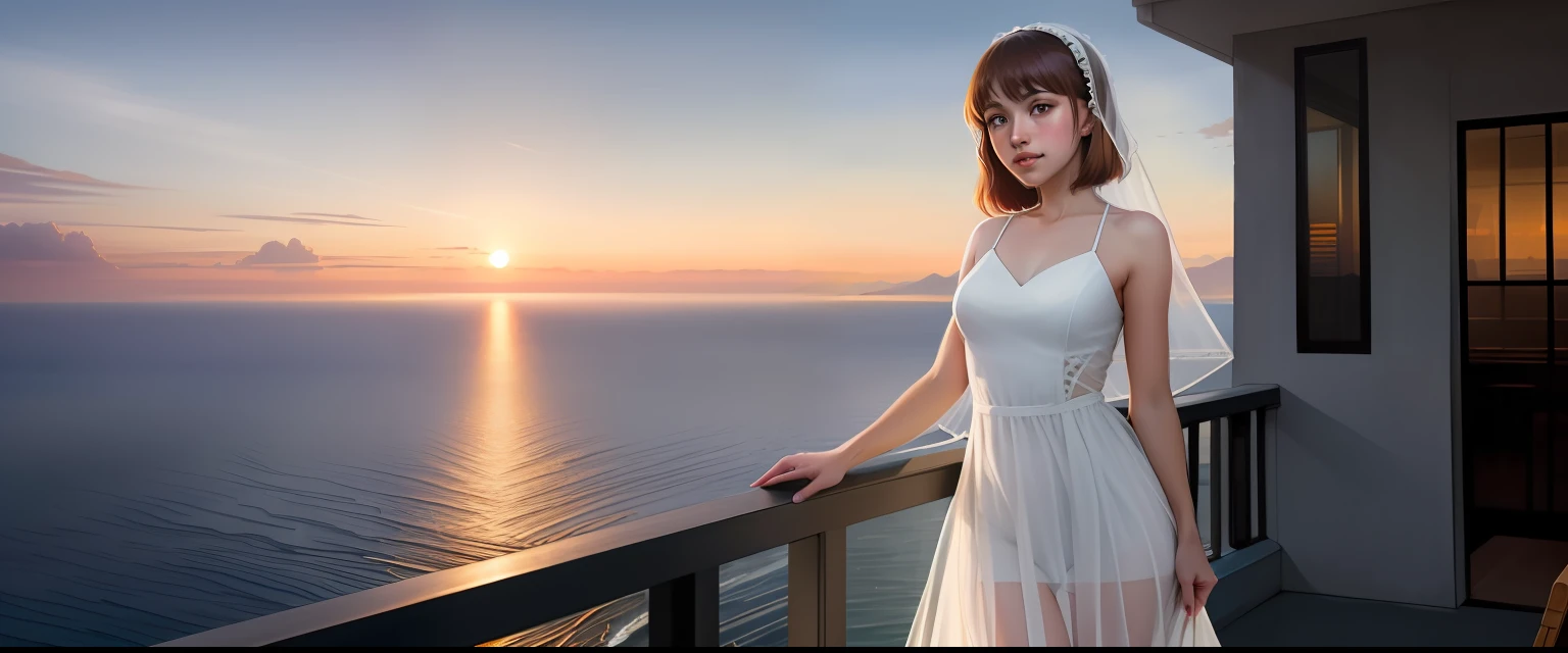 1nancyace,(clear plastic dress:1.2),(veil),(feet),(Clear platform high Heels),modelshoot style,(standing on a balcony by the sea),(extremely detailed CG unity 8k wallpaper), photo of the most beautiful artwork in the world, professional majestic oil painting by Ed Blinkey, Atey Ghailan, Studio Ghibli, by Jeremy Mann, Greg Manchess, Antonio Moro, trending on ArtStation, trending on CGSociety, Intricate, High Detail, Sharp focus, dramatic, photorealistic painting art by midjourney and greg rutkowski, (looking at viewer),(detailed eyes:1.2), (long blonde hair with bangs:1.2), (perfect eyes:1.3) Use a 21:9 aspect ratio to capture the beauty of the ocean and the grandeur of the scene. Incorporate elements of the environment, such as the weather and time of day, to add context and depth to the image.
