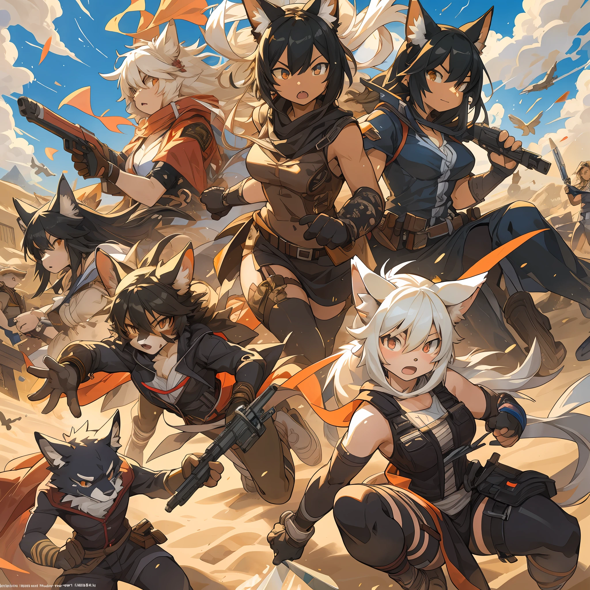 top quality, best quality, High-quality illustrations, masterpiece, super high resolution, detailed background, A high-stakes card game and a shootout under the scorching sun, with hot sand swirling as bullets fly, 6+boys, 6+girls, absurdres(highly detailed beautiful face and eyes)perfect anatomy, expression, good lighting, cinematic shadow(kemono, furry anthro)assorted poses, dynamic angle,