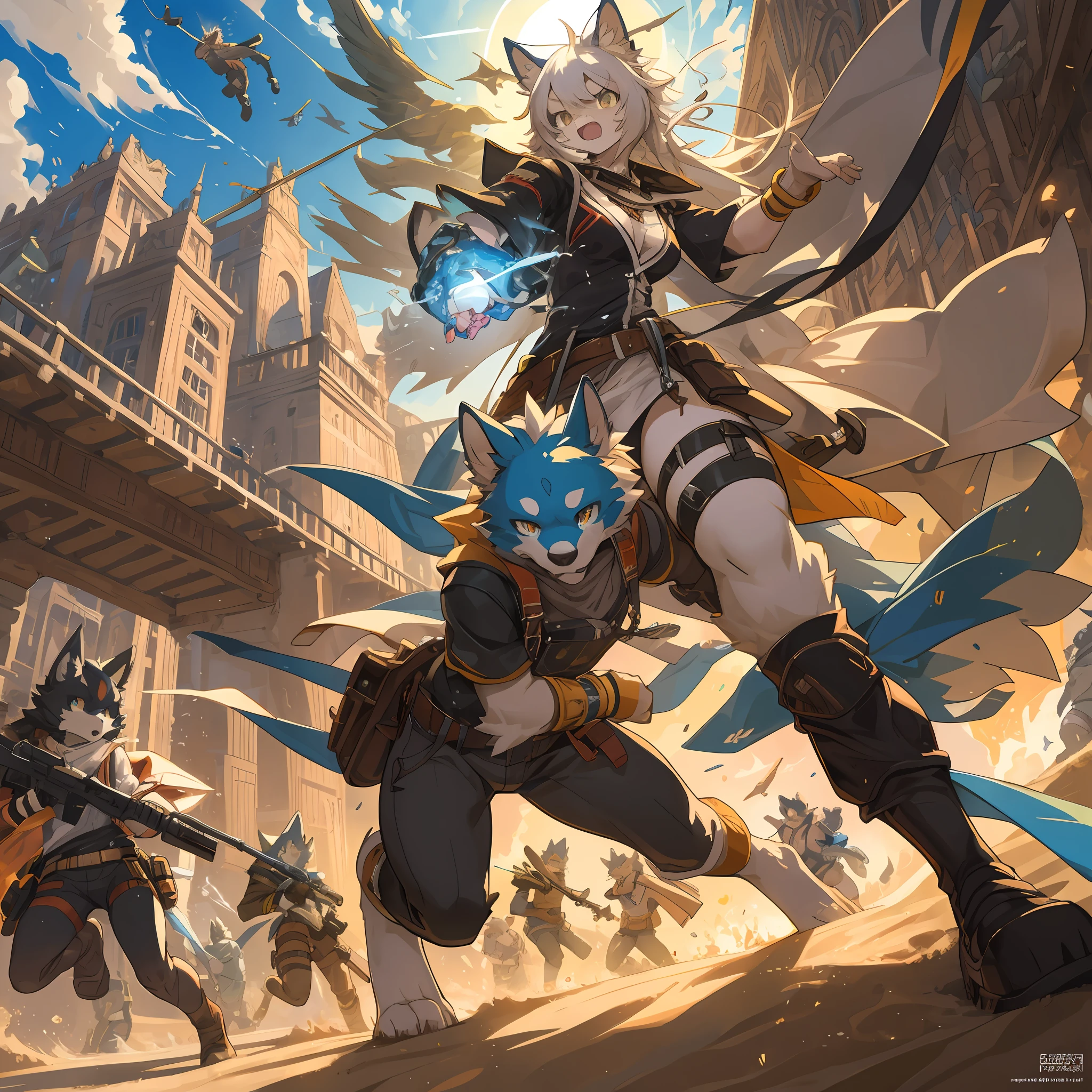 top quality, best quality, High-quality illustrations, masterpiece, super high resolution, detailed background, A high-stakes card game and a shootout under the scorching sun, with hot sand swirling as bullets fly, 6+boys, 6+girls, absurdres(highly detailed beautiful face and eyes)perfect anatomy, expression, good lighting, cinematic shadow(kemono, furry anthro)assorted poses, dynamic angle,