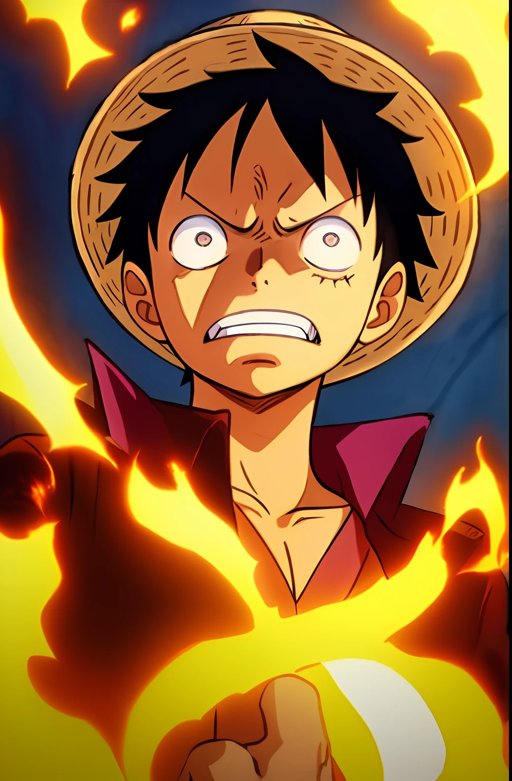 1boy, wanostyle, monkey d luffy, angry looking, straw hat, looking at viewer, solo, upper body, (((masterpiece))), ((best quality)), (extremely detailed), watercolor, illustration, depth of field, sketch, dark intense shadows, sharp focus, soft lighting, hdr, colorful, good composition, fire all around, spectacular, closed shirt, anime screencap