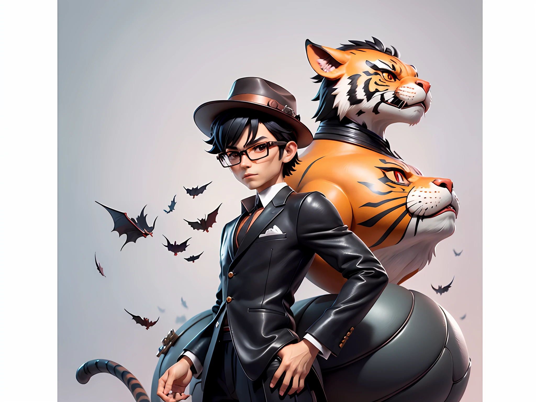 Young man with leather hat, tiger, dragon, oriental face in formal suit, short black hair, silver glasses, digital painting, 3D character design by Mark Clairedon and Pixar and Hayao Miyazaki and Akira Toriyama, the illustration is a high-definition illustration in 4K resolution with very detailed facial features and cartoon-style visuals.
