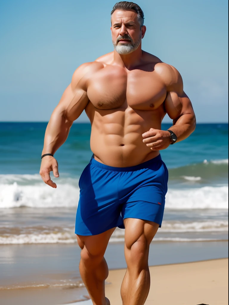 A full body of a man standing on a beach near the ocean, robust stocky body, beefy, wrinkles and muscles, muscular bernie sanders, hot daddy, inspired by Alexander Fedosav, dad bod, running , action shot, inspired by Martin Schoeller, super realistic photo, he is about 40 years old, he is about 4 0 years old, mr universe, painterly style, central composition, big nose, big hands, light brown hair, insanely handsome.