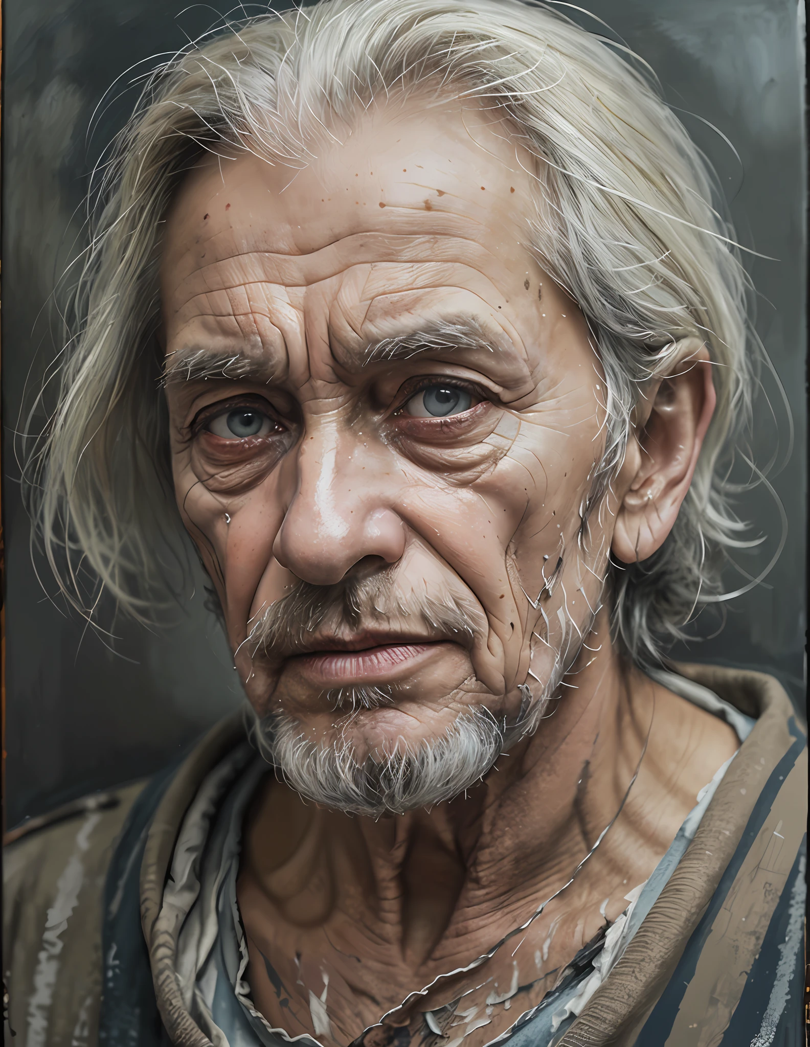 A portrait of  poor russian 1800 old worker in rags, ((overwhelming fatigue )),  wrinkles of age, concept art, oil pastel painting , moody gray colors , gritty, messy stylestyle of  Alexey Savrasov, Ivan Shishkin, Ilya Repin, (cel shaded:1.2), 2d, (oil painting:1.2) highly detailed