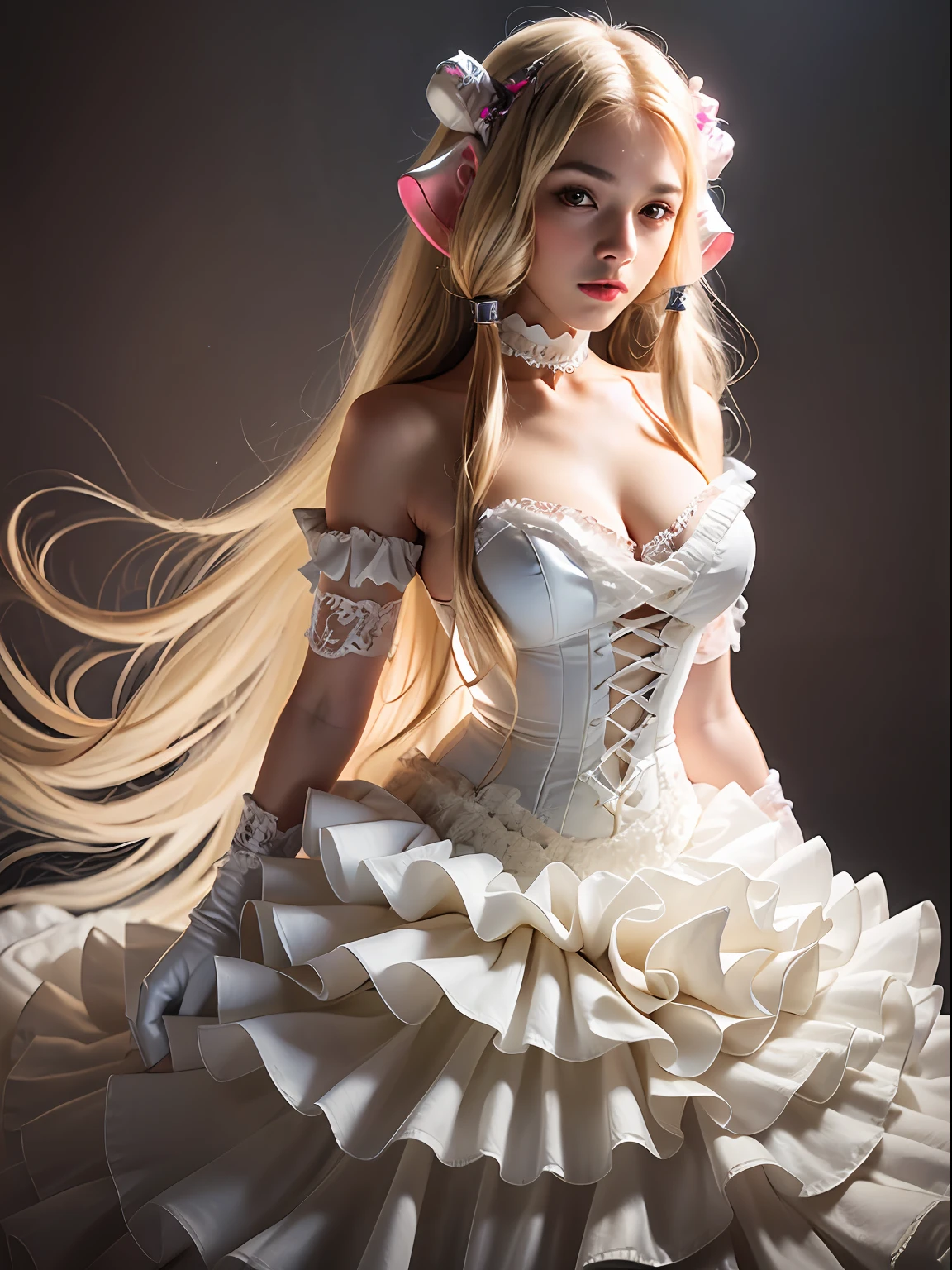 (masterpiece, best quality:1.4), full body, (standing:1.2), looking at the viewer, smile, 1girl, solo, (european youth:1), chii, brown eyes, choker, (higly detailed long antique lace dress with frills:1.5), long dress, lace dress, frills, ruffles, elbow gloves, (robot ears), (frills:1.2), (ruffles:1.2), gloves, platinum blonde hair, ribbon choker, medium breasts, solo, strap slip, very long hair, white dress, white gloves mksks style, beautiful face, (highly detailed face 1.2), highly detailed skin, skin pores, subsurface scattering, realistic pupils, highly detailed face, (highly detailed eyes:1.2), full face blush, full lips, detailed background, depth of field, volumetric lighting, sharp focus, absurdres, realistic proportions, good anatomy, (realistic, hyperrealistic:1.4), 16k hdr,
