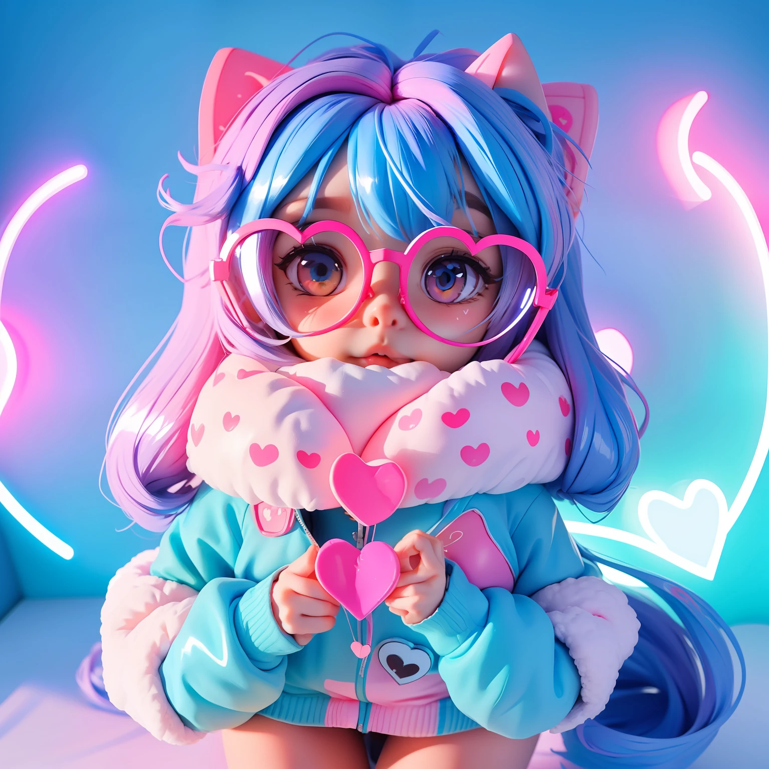 cute girl , fluffy bright eyes , eating a heart cookie , pastel pink and blue colors , hearts in neon lights , candy details , cute kitten with big shiny eyes , cute heart glasses , very cute picture, style anime ,cute face girl, Korean little girl.
