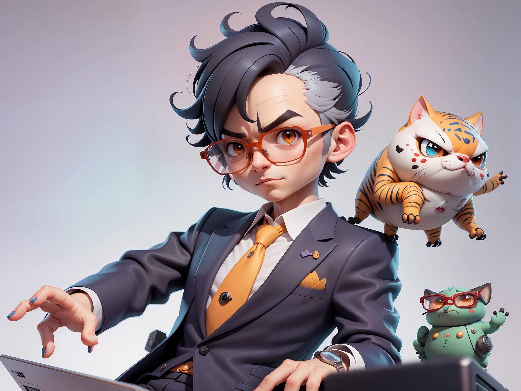 A young man in a suit, Short hair and glasses sat at his desk,holding laptop,digitial painting,tigre,3D character design by Mark Clairen and Pixar and Hayao Miyazaki and Akira Toriyama,4K HD illustration,Very detailed facial features and cartoon-style visuals。