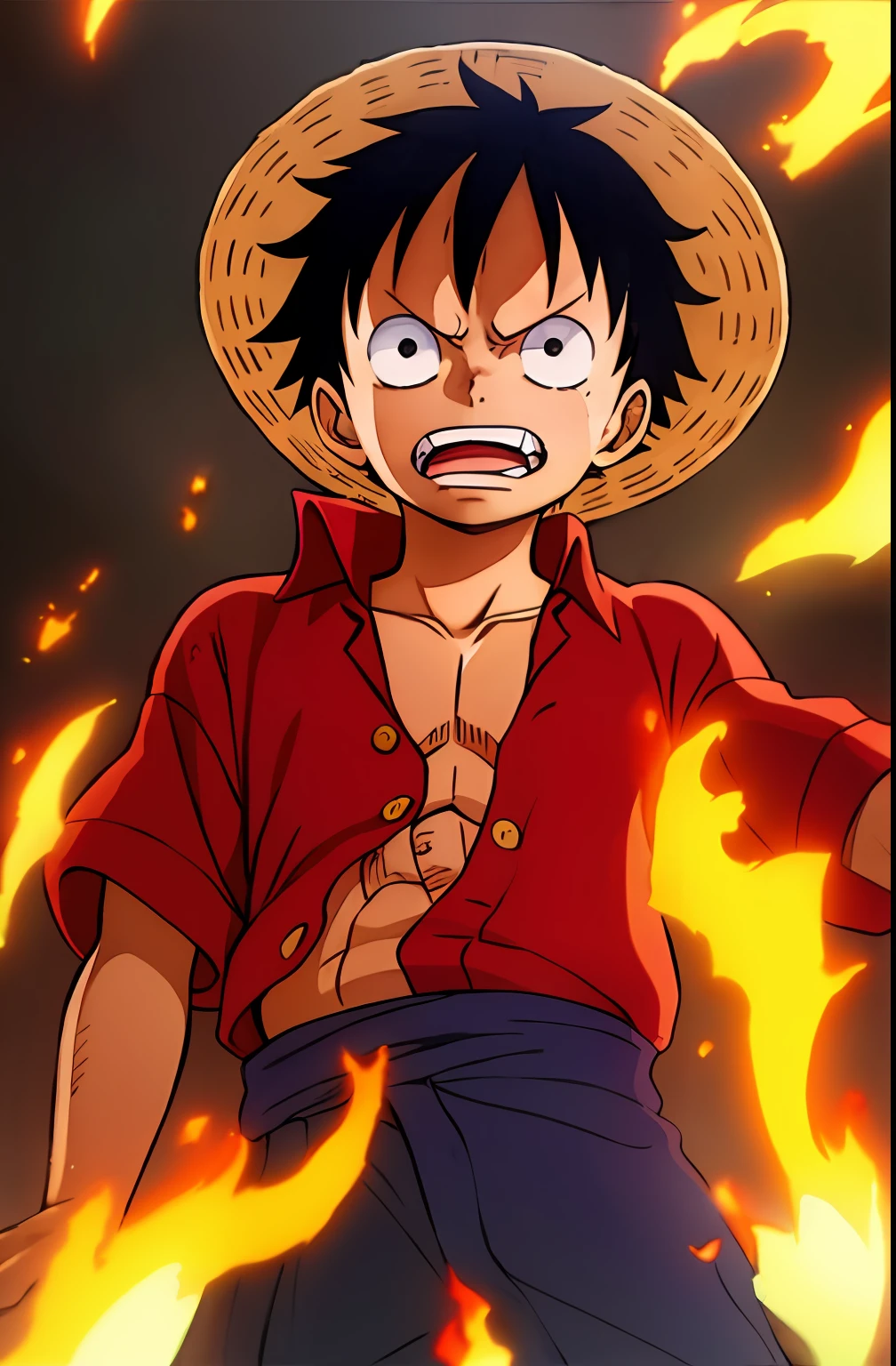 1boy, wanostyle, monkey d luffy, angry looking, straw hat, looking at viewer, solo, upper body, (((masterpiece))), ((best quality)), (extremely detailed), watercolor, illustration, depth of field, sketch, dark intense shadows, sharp focus, soft lighting, hdr, colorful, good composition, fire all around, spectacular, closed shirt, anime screencap