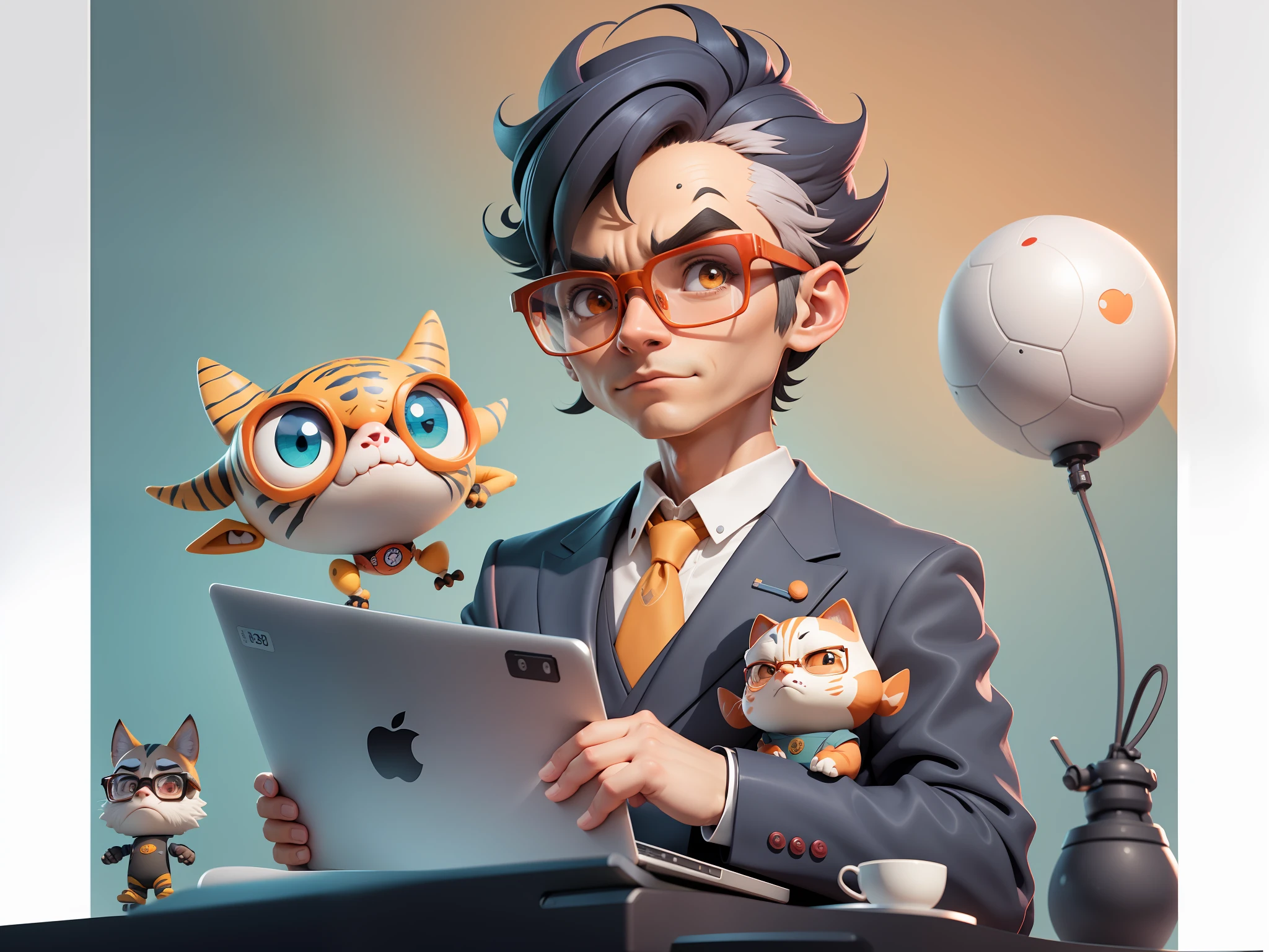 A young man in a suit, Short hair and glasses sat at his desk,holding laptop,digitial painting,tigre,3D character design by Mark Clairen and Pixar and Hayao Miyazaki and Akira Toriyama,4K HD illustration,Very detailed facial features and cartoon-style visuals。