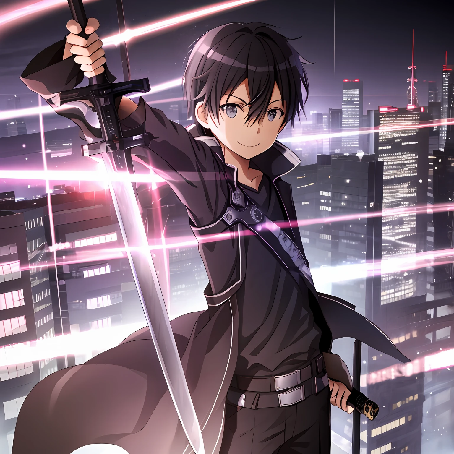 high res, kirito, solo, 1boy, smile, cyberpunk, cityscape, skyscraper, sword, light