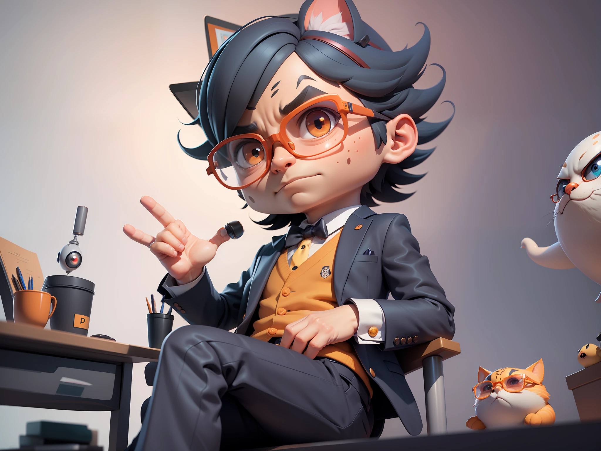 A young man in a suit, Short hair and glasses sat at his desk,holding laptop,digitial painting,tigre,3D character design by Mark Clairen and Pixar and Hayao Miyazaki and Akira Toriyama,4K HD illustration,Very detailed facial features and cartoon-style visuals。