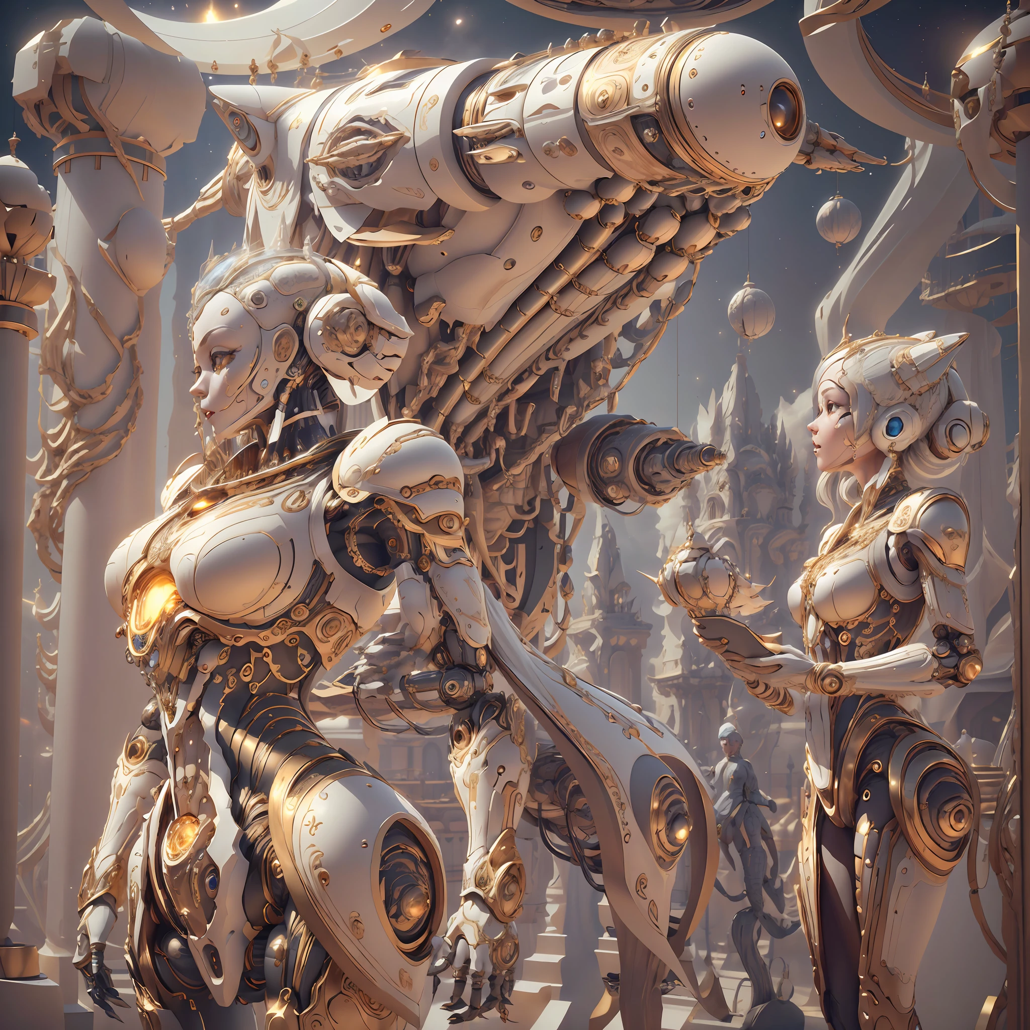 IvoryGoldAI spaceship in space, Intricate 3d rendering of highly detailed beautiful ceramic silhouette female robot face, cyborg, robot parts