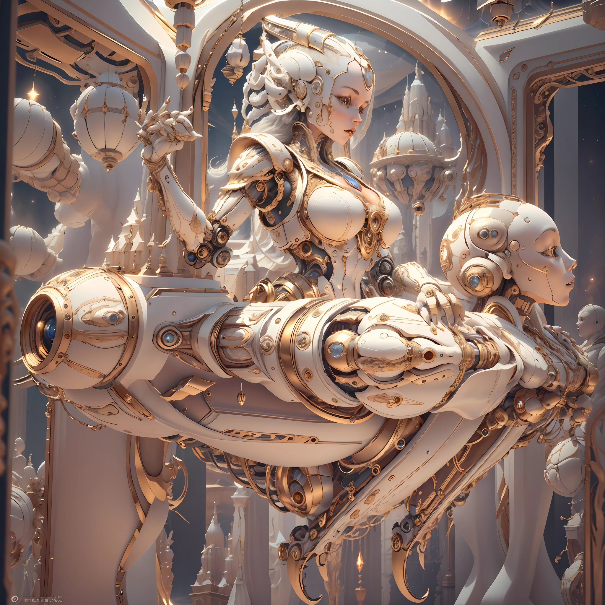 IvoryGoldAI spaceship in space, Intricate 3d rendering of highly detailed beautiful ceramic silhouette female robot face, cyborg, robot parts