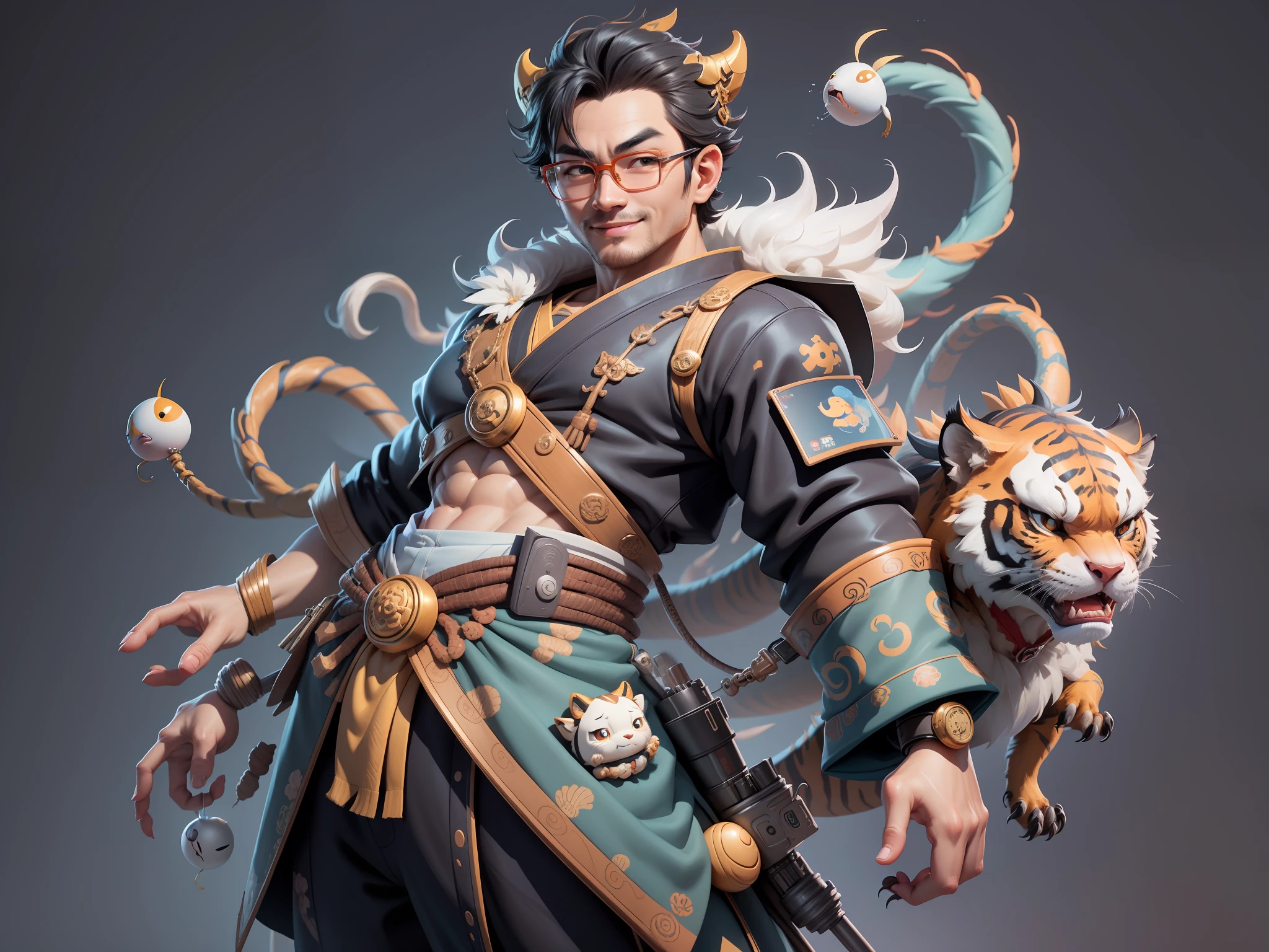 (Masterpiece), (Excellent), (Super Meticulous), (Full Body: 1.2), Super Young Man with Japanese Female Geisha, Pretty, Beautiful, Chinese Dragon, Tiger, Wind God Thor, Sexy, Bursting, Oriental Face, TV Anchor, Bust Portrait Illustration, Black Suit, Blue Tie, Slightly Chubby Face, Silver Glasses, Very Clean Face, No Beard on Chin, Black Super Short Hair, Black Eyes, Confident Smile, 3c Computer Sub-Products, iPad, iPhone, Digital Painting, 3D character design by Mark Clairedon and Pixar and Hayao Miyazaki and Akira Toriyama, the illustrations are HD illustrations in 4K resolution with highly detailed facial features and cartoon-style visuals.
