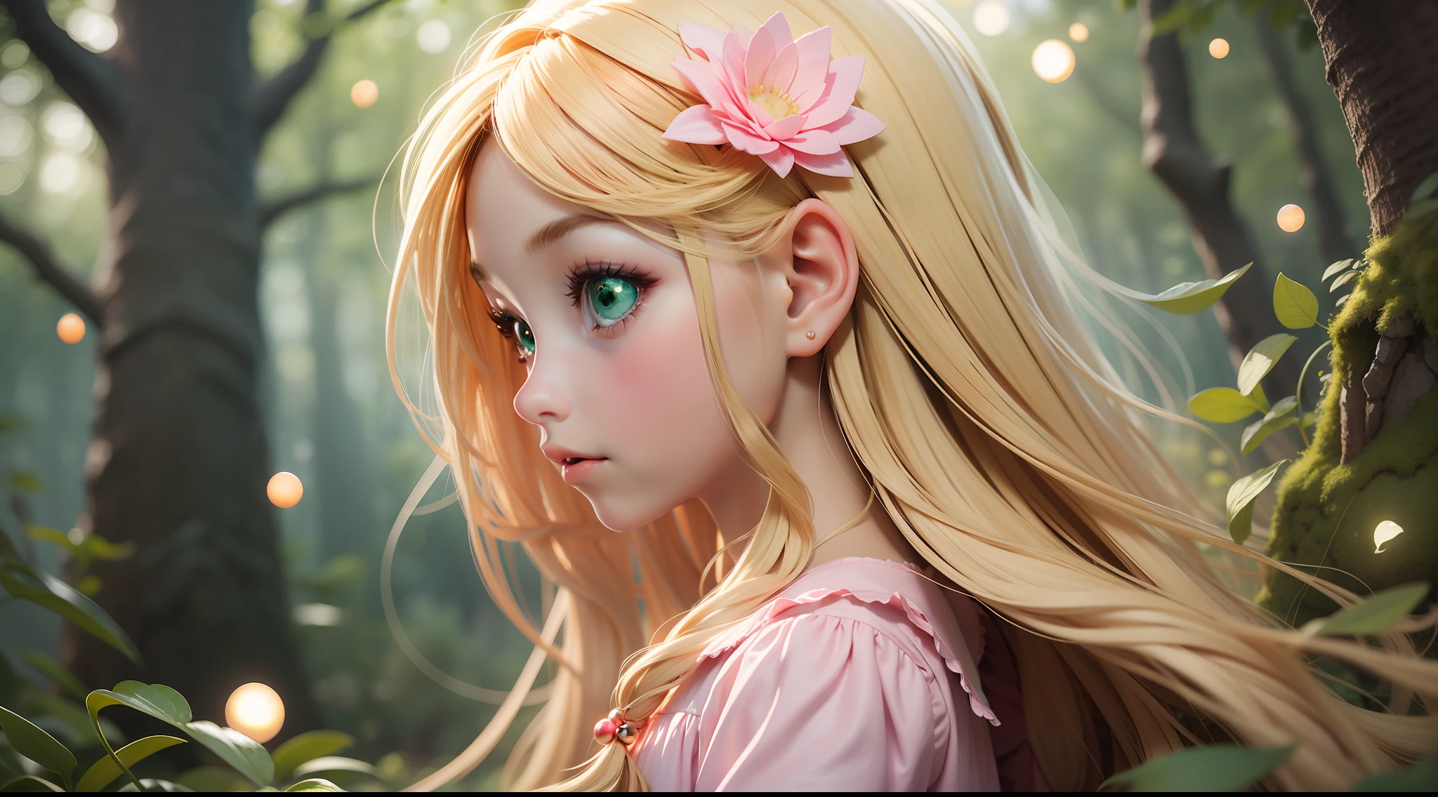 "A little human girl, 6 years old, long blonde hair, beautiful green eyes, simple pink dress, in profile to the viewer, looking at a bright fairy, enchanted forest in the background, small floating glowing spheres."