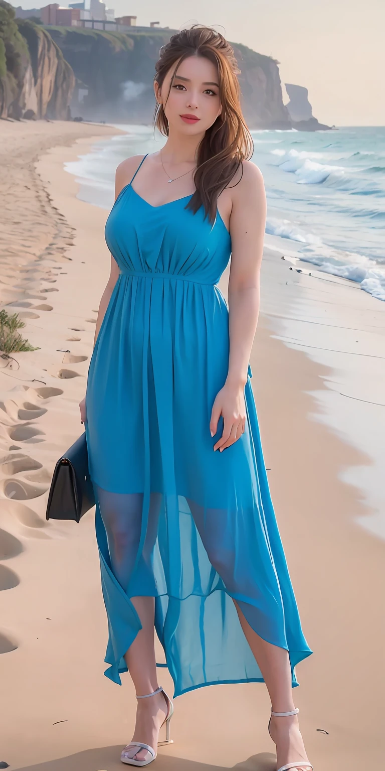 mix4, 20d, solo, long_hair, shirt, dress, high_heels,full_body, look_at_viewer, (8k, RAW photo, best quality, mastery:1.2), (realistic, photo-realistic:1.37), professional lighting, photon mapping, Radio City,physically-based renderingt,arafed woman in a blue dress standing on a beach, posing on the beach, posing on a beach with the ocean, in blue dress, wearing a flowing dress, wearing a plastic blue dress, flowing dress, angela white, clear portrait of demi rose, dressed in blue, standing near the beach, blue dress, wearing blue dress, light blue dress portrait