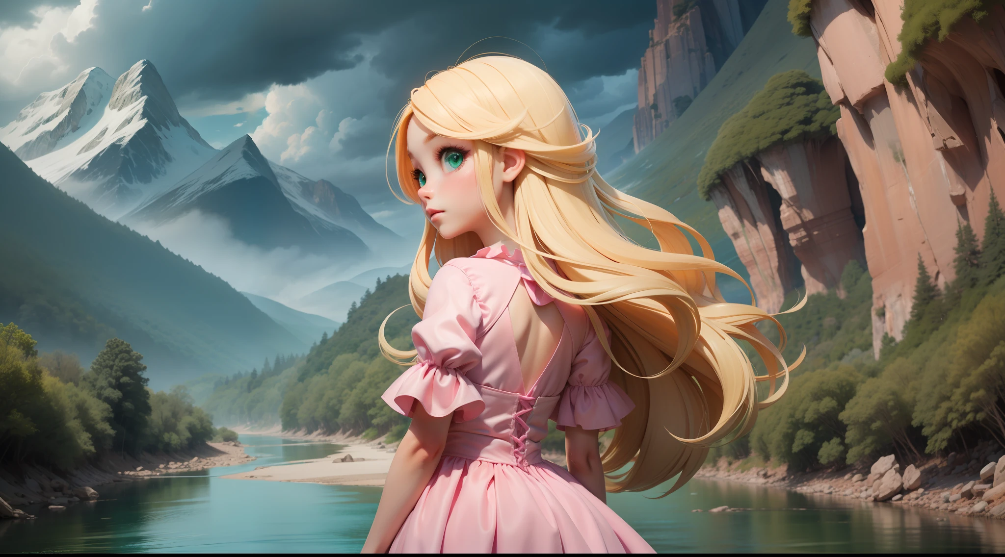 "Little human girl, 6 years old, long blonde hair, beautiful hair, GREEN EYES, SIMPLE PINK DRESS, LOOKING AT THE RIVER, river of bright waters, fluorescent water, with her back to the viewer, high mountains, storm clouds, BRIGHT RIVER."