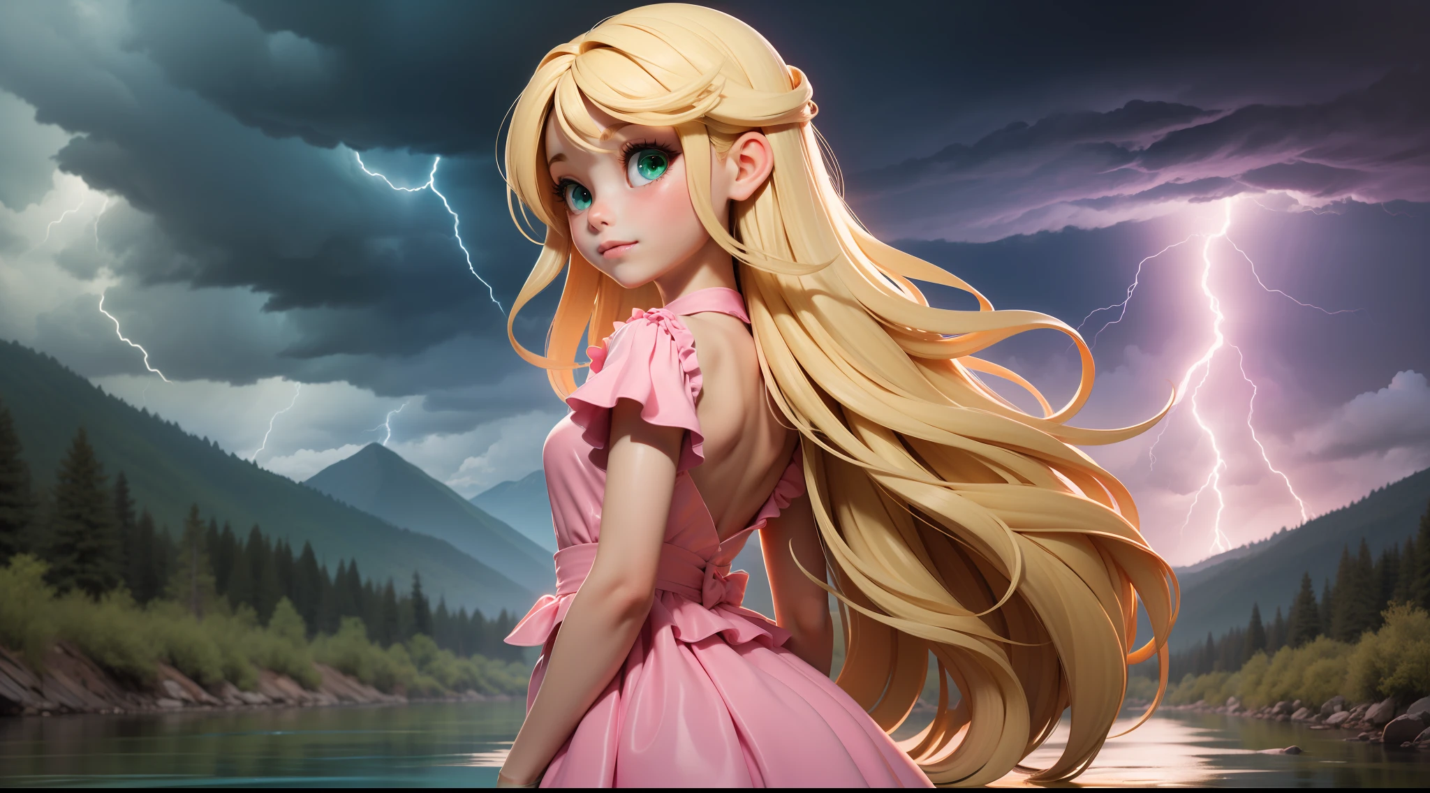 "Little human girl, 6 years old, long blonde hair, beautiful hair, GREEN EYES, SIMPLE PINK DRESS, LOOKING AT THE RIVER, river of bright waters, fluorescent water, with her back to the viewer, high mountains, dark night, storm clouds, lightning, BRIGHT RIVER, LUMINOUS RIVER."