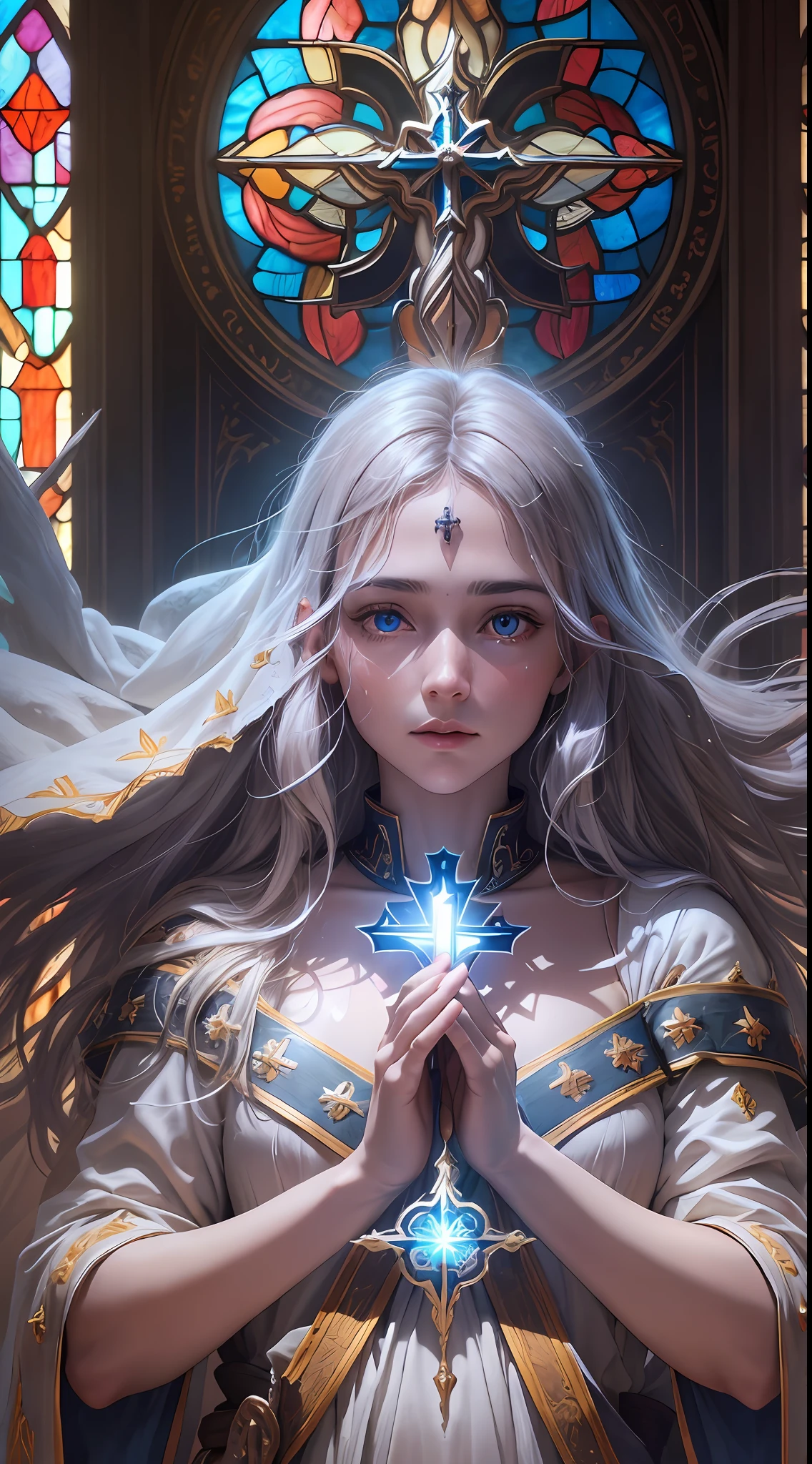 (extremely detailed CG unity 8k wallpaper, masterpiece, best quality, ultra-detailed), best illumination, best shadow, an extremely delicate and beautiful, floating,
[(1 figure), white robe, crown of thorns, savior, (beard), (blue eyes), (divine light), hands outstretched, (nail wounds on hands), dramatic angle],
(stained glass window, holy cross, church), (vastness), (sacred atmosphere).