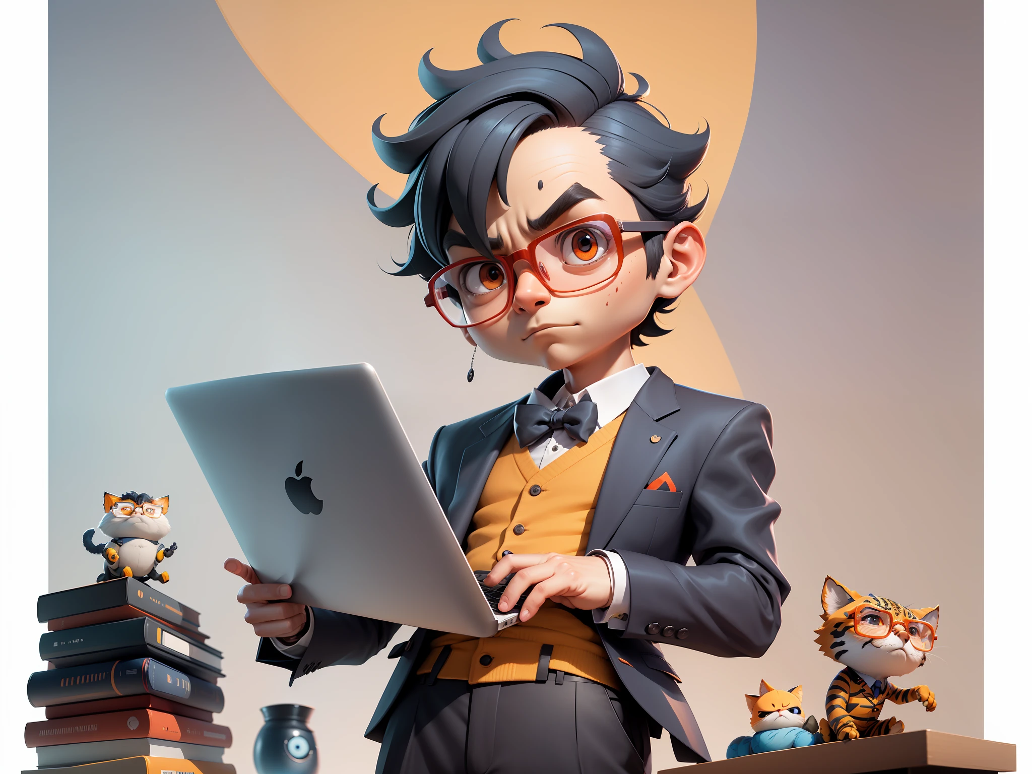 A young man in a suit, Short hair and glasses sat at his desk，holding laptop，digitial painting，tigre，3D character design by Mark Clairen and Pixar and Hayao Miyazaki and Akira Toriyama，4K HD illustration，Very detailed facial features and cartoon-style visuals。