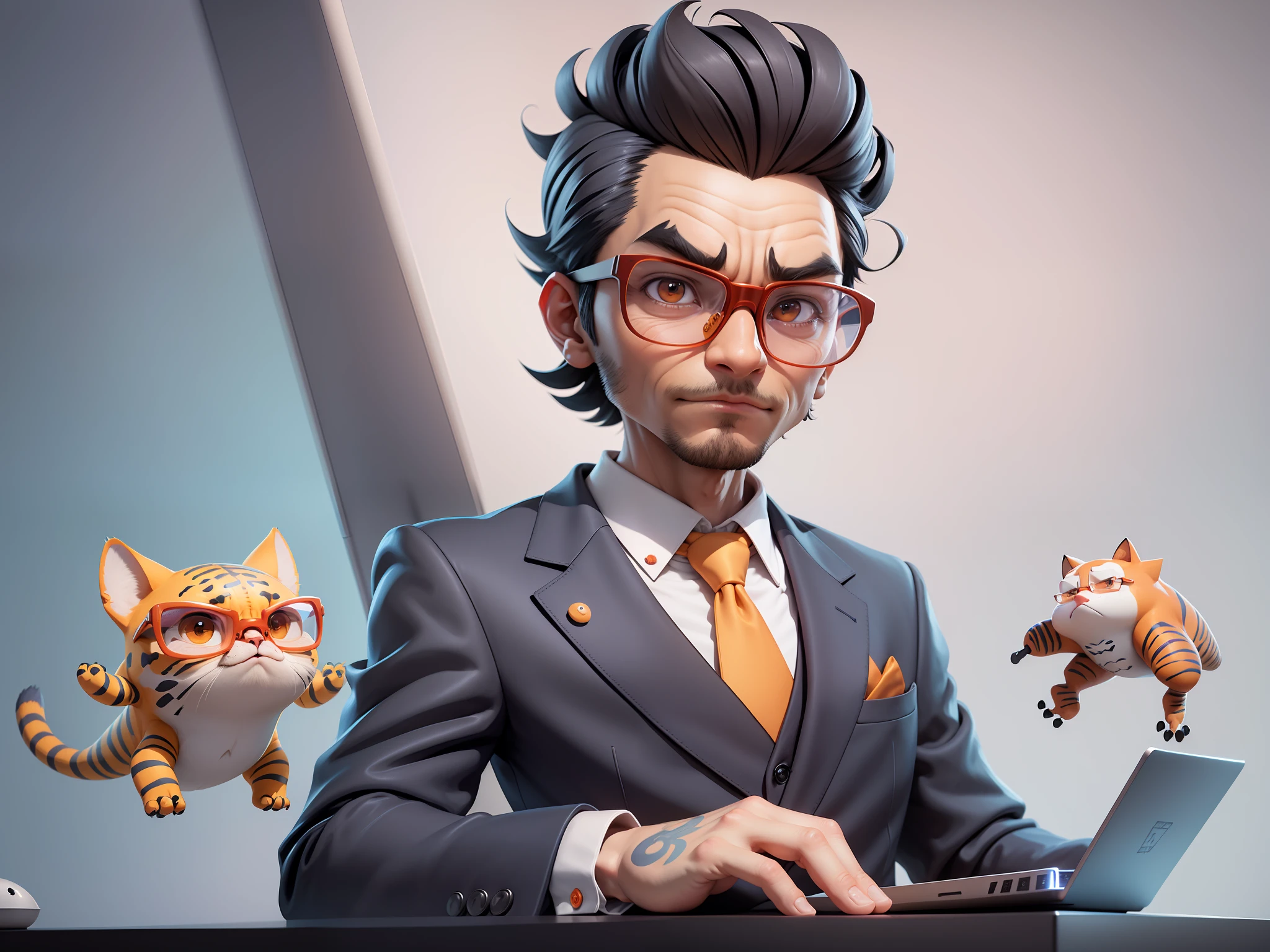 A young man in a suit, Short hair and glasses sat at his desk，holding laptop，digitial painting，tigre，3D character design by Mark Clairen and Pixar and Hayao Miyazaki and Akira Toriyama，4K HD illustration，Very detailed facial features and cartoon-style visuals。