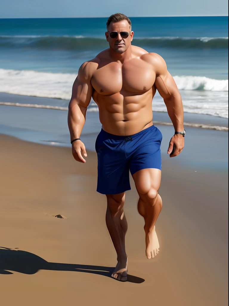 A full body of a man standing on a beach near the ocean, robust stocky body, beefy, wrinkles and muscles, muscular bernie sanders, hot daddy, inspired by Alexander Fedosav, dad bod, running , action shot, inspired by Martin Schoeller, super realistic photo, he is about 30 years old, he is about 3 0 years old, mr universe, painterly style, central composition, big nose, big hands, light brown hair, insanely handsome.