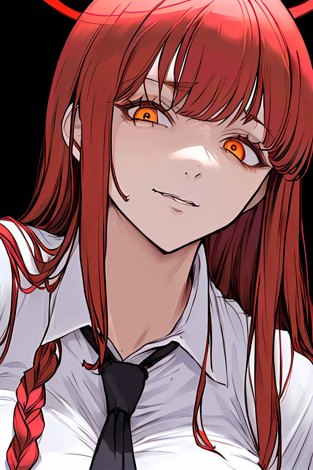 masterpiece, best quality, portrait, halo above her head, blood on her face, evil smile , 90s anime old style , high quality , illustration1girl,makima \(chainsaw man\), solo, standing, red hair, long braided hair, (glowing golden eyes: 1.4), bangs, medium breasts, white shirt, necktie, stare, (disgusted,smile), (evil:1.2), looking at viewer, (interview:1.3), high resolution, (Face focus:1.4), (looking at viewer:1.15), (black background: 0.5), high angle, looking up