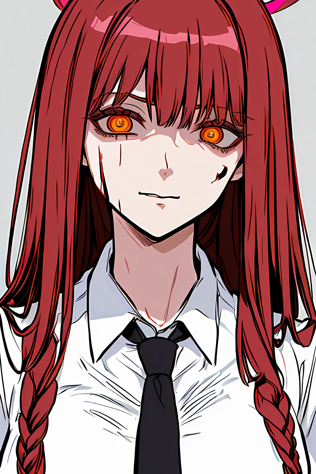 masterpiece, best quality, portrait, halo above her head, blood on her face, evil smile , 90s anime old style , high quality , illustration1girl,makima \(chainsaw man\), solo, standing, red hair, long braided hair, (glowing golden eyes: 1.4), bangs, medium breasts, white shirt, necktie, stare, (disgusted,smile), (evil:1.2), looking at viewer, (interview:1.3), high resolution, (Face focus:1.4), (looking at viewer:1.15), (black background: 0.5), high angle, looking up