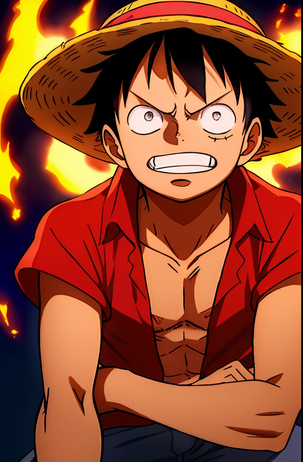 1boy, wanostyle, monkey d luffy, angry looking, straw hat, looking at viewer, solo, upper body, (((masterpiece))), ((best quality)), (extremely detailed), watercolor, illustration, depth of field, sketch, dark intense shadows, sharp focus, soft lighting, hdr, colorful, good composition, fire all around, spectacular, closed shirt, anime screencap