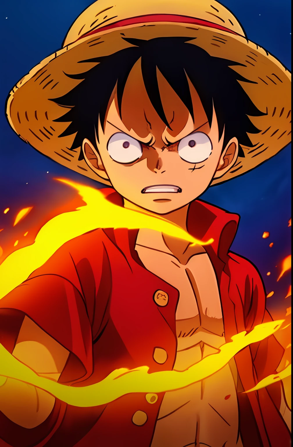 1boy, wanostyle, monkey d luffy, angry looking, straw hat, looking at viewer, solo, upper body, (((masterpiece))), ((best quality)), (extremely detailed), watercolor, illustration, depth of field, sketch, dark intense shadows, sharp focus, soft lighting, hdr, colorful, good composition, fire all around, spectacular, closed shirt, anime screencap