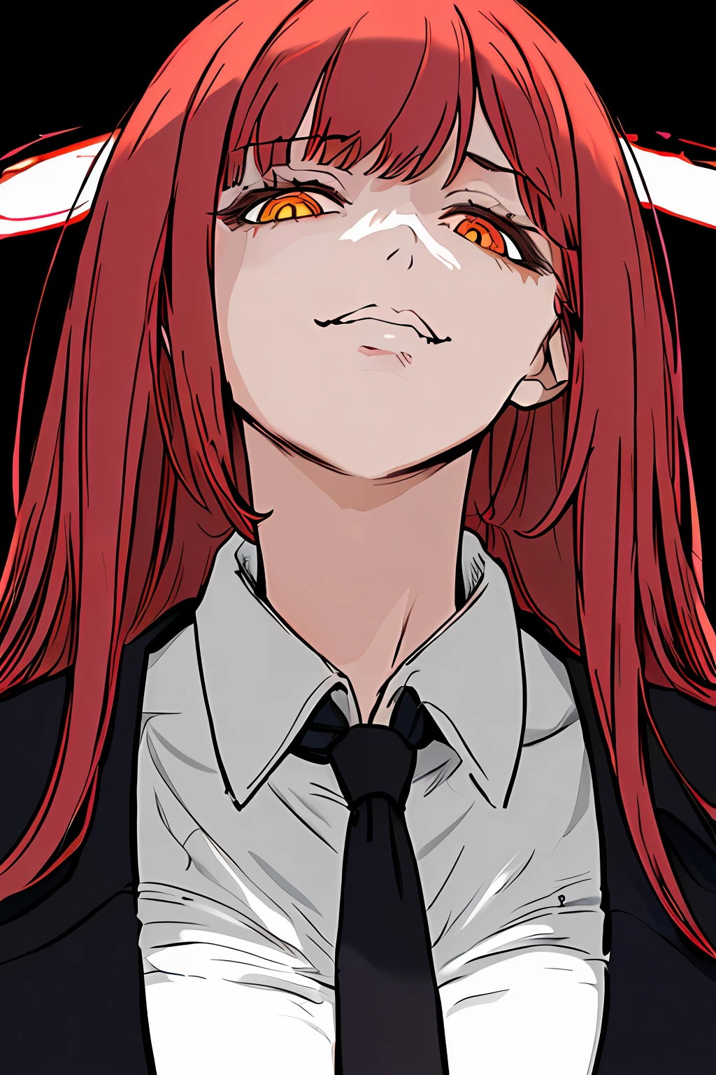 masterpiece, best quality, portrait, halo above her head, blood on her face, evil smile , 90s anime old style , high quality , illustration1girl,makima \(chainsaw man\), solo, standing, red hair, long braided hair, (glowing golden eyes: 1.4), bangs, medium breasts, white shirt, necktie, stare, (disgusted,smile), (evil:1.2), looking at viewer, (interview:1.3), high resolution, (Face focus:1.4), (looking at viewer:1.15), (black background: 0.5), high angle, looking up , bad ass abandoned background