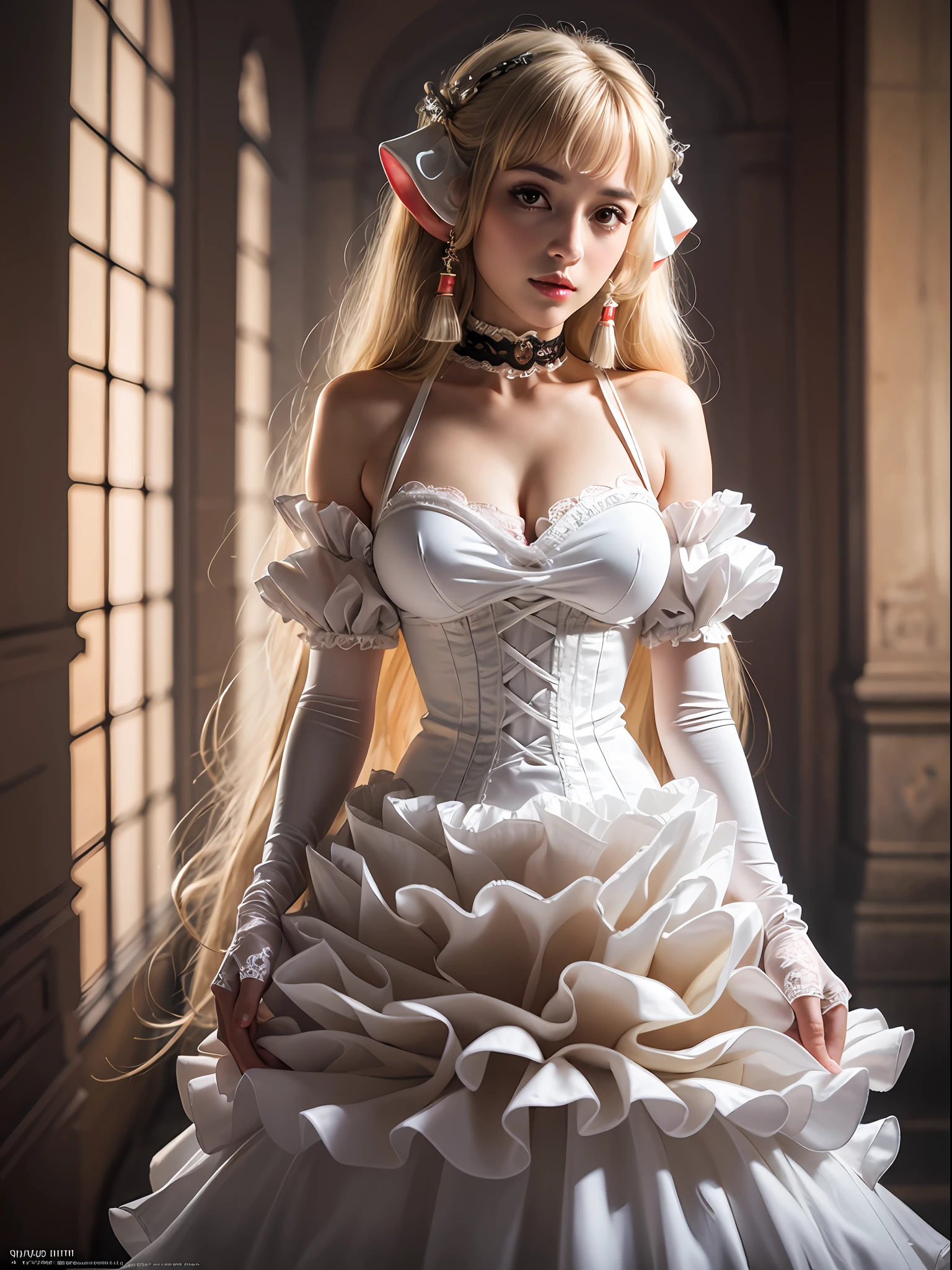 (masterpiece, best quality:1.4), full body, (standing:1.2), looking at the viewer, smile, 1girl, solo, (european youth:1), chii, brown eyes, choker, (higly detailed long antique lace dress with frills:1.5), long dress, lace dress, frills, ruffles, elbow gloves, (robot ears), (frills:1.2), (ruffles:1.2), gloves, platinum blonde hair, ribbon choker, medium breasts, solo, strap slip, very long hair, white dress, white gloves mksks style, beautiful face, (highly detailed face 1.2), highly detailed skin, skin pores, subsurface scattering, realistic pupils, highly detailed face, (highly detailed eyes:1.2), full face blush, full lips, detailed background, depth of field, volumetric lighting, sharp focus, absurdres, realistic proportions, good anatomy, (realistic, hyperrealistic:1.4), 16k hdr,